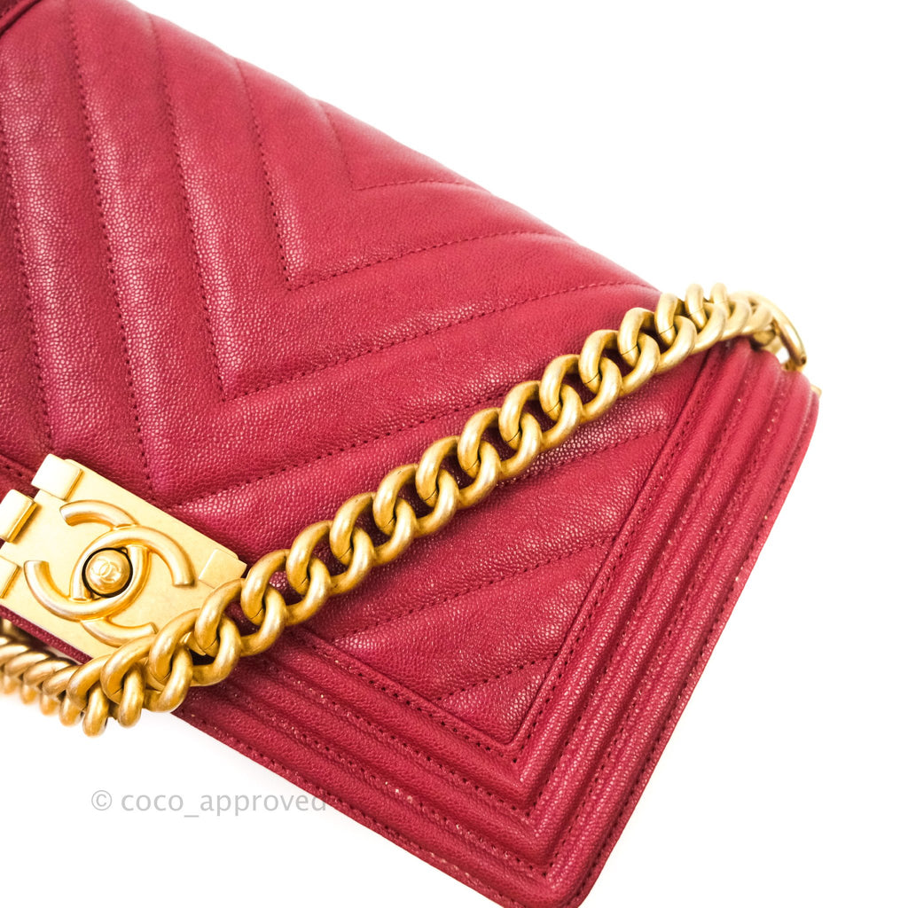 Chanel Boy Chevron Medium Red Caviar Gold Hardware