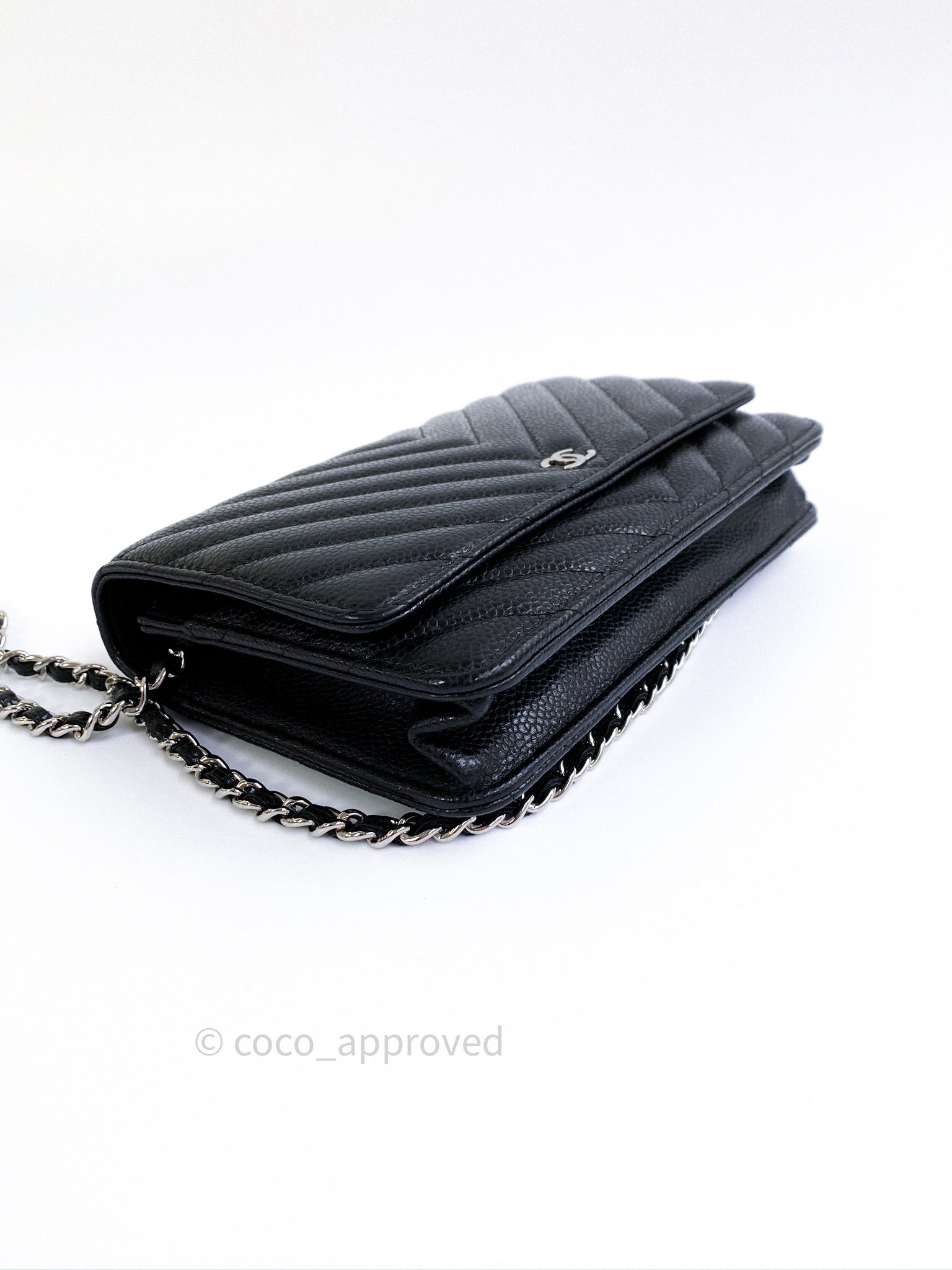 Chanel Chevron Wallet on Chain WOC Black Caviar Silver Hardware