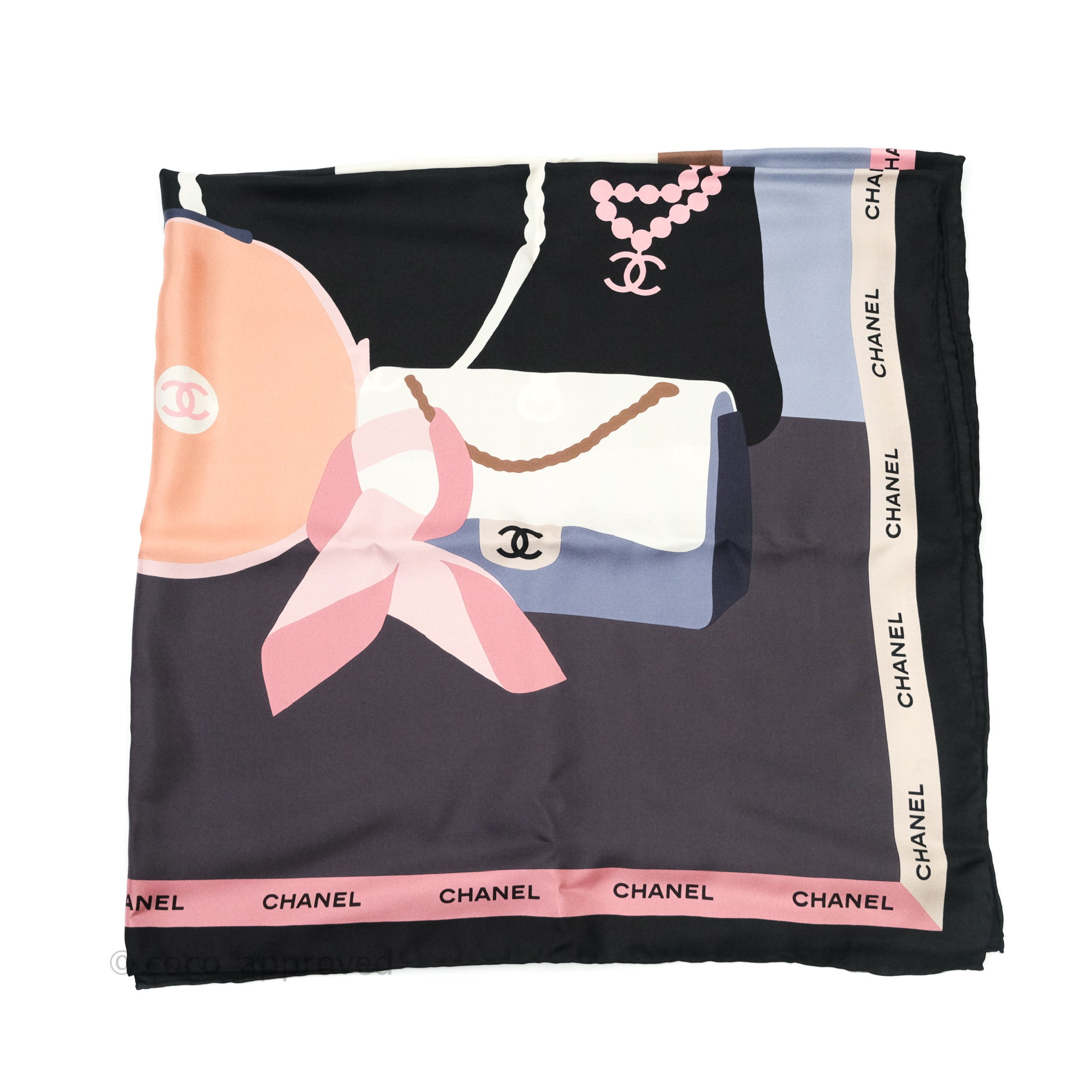Chanel CC Silk Square Scarf 90 Grey/Pink/White – Coco Approved Studio