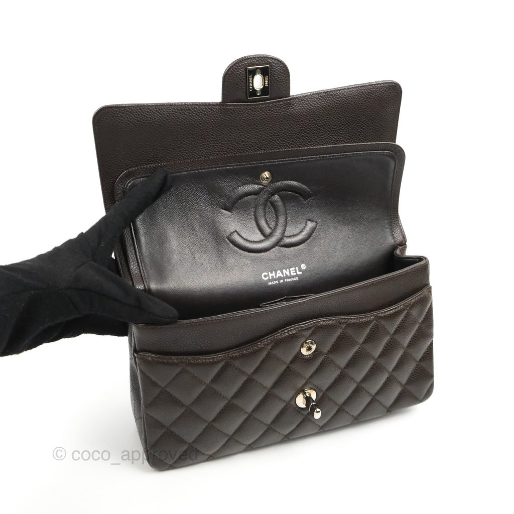 Chanel Classic M/L Medium Flap Quilted Dark Chocolate Brown Caviar Silver Hardware