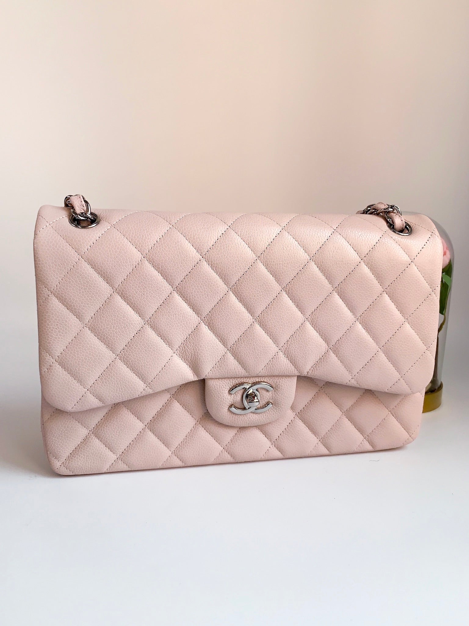 Chanel 14C Sakura Pink Caviar Double Flap Quilted Jumbo SHW – Coco