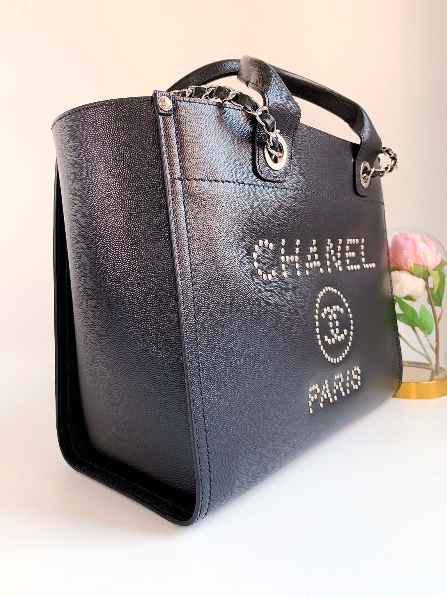 Chanel Deauville Small Shopping Leather Tote Bag Black
