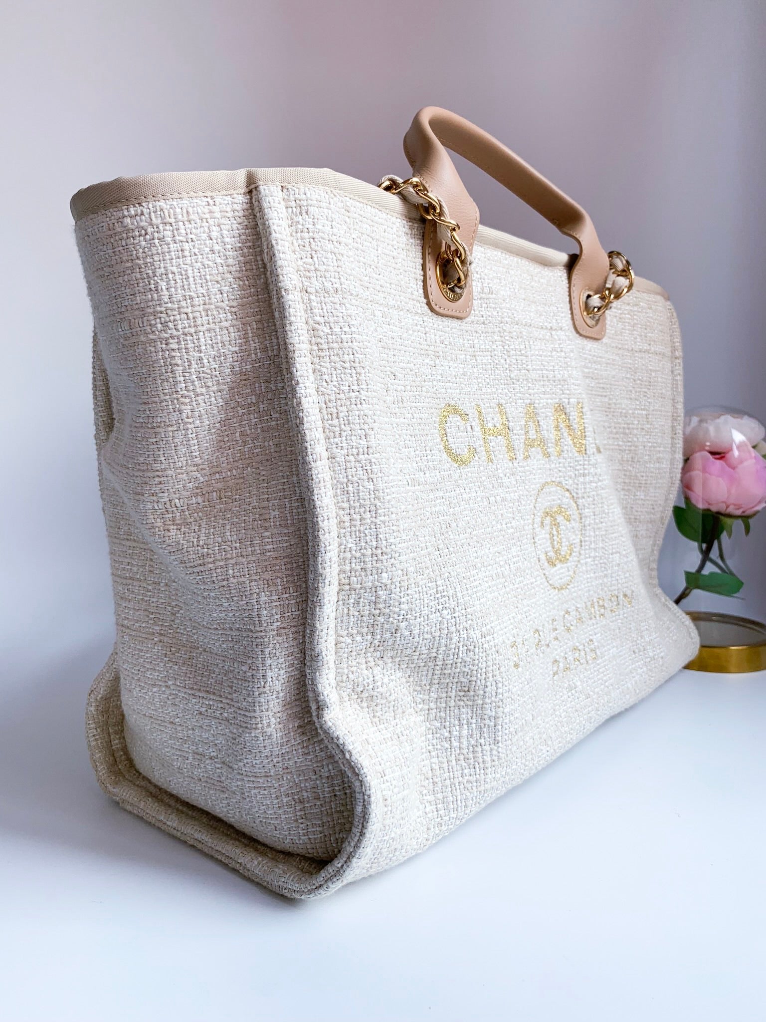 Vintage Chanel Oversized Linen Tote Bag Beige