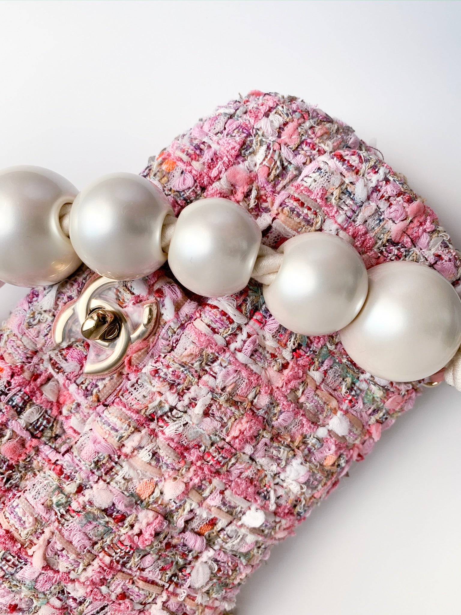 Chanel Tweed Mini Pearl Handle Flap Pink Beige Orange Ecru