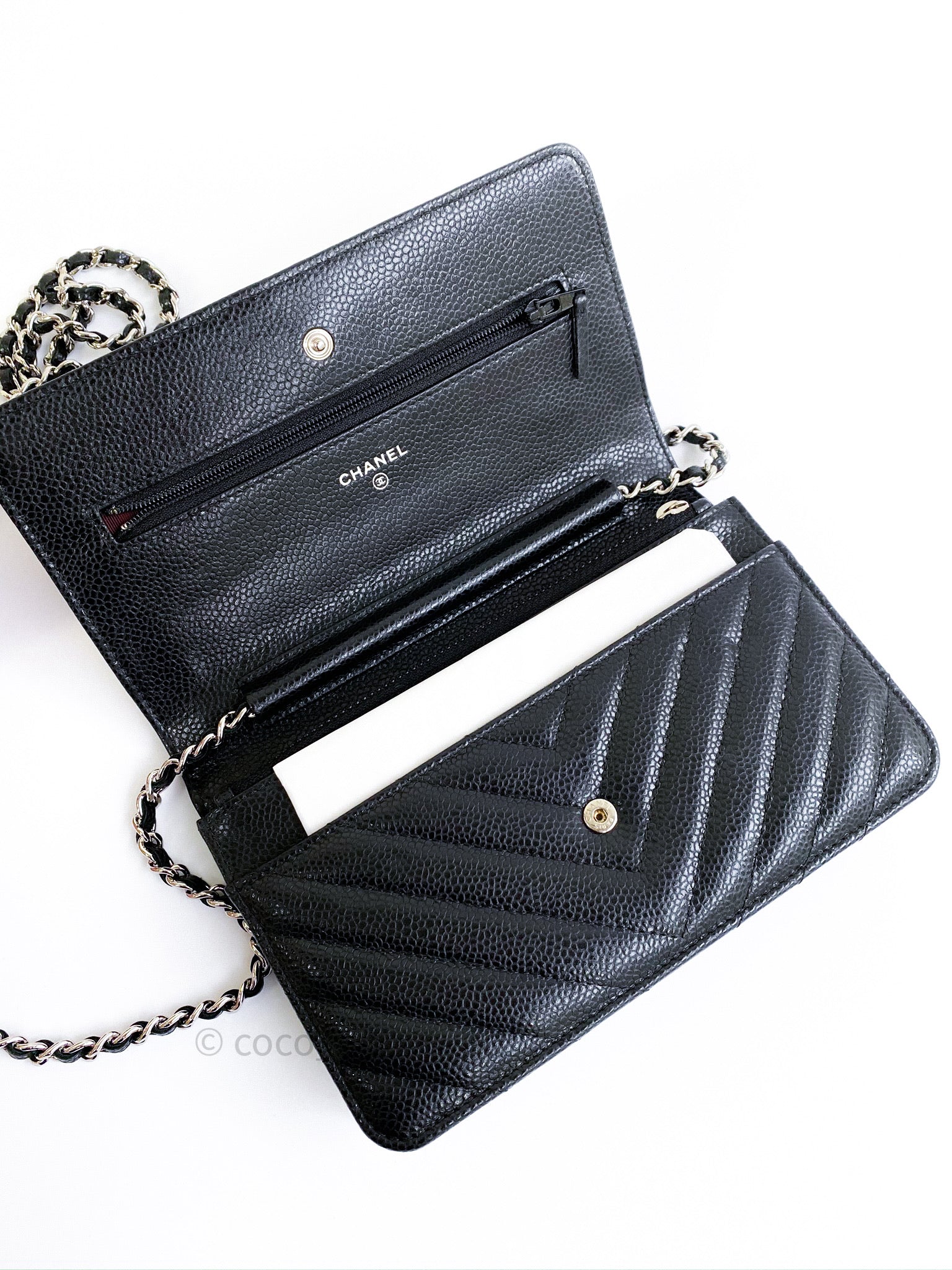CHANEL Black Caviar Classic Wallet On Chain Microchipped Silver