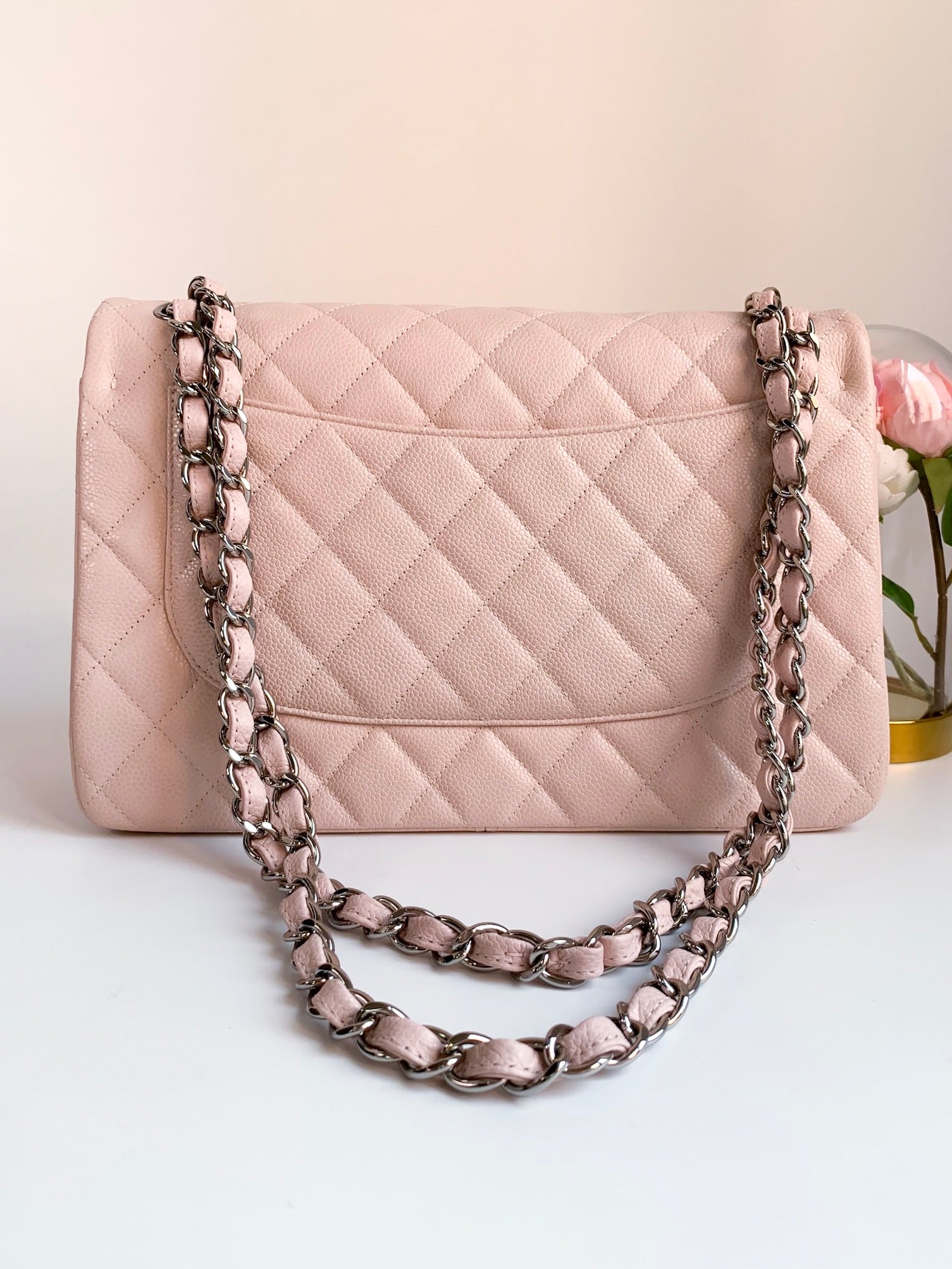 Chanel 14C Sakura Pink Caviar Double Flap Quilted Jumbo SHW – Coco Approved  Studio
