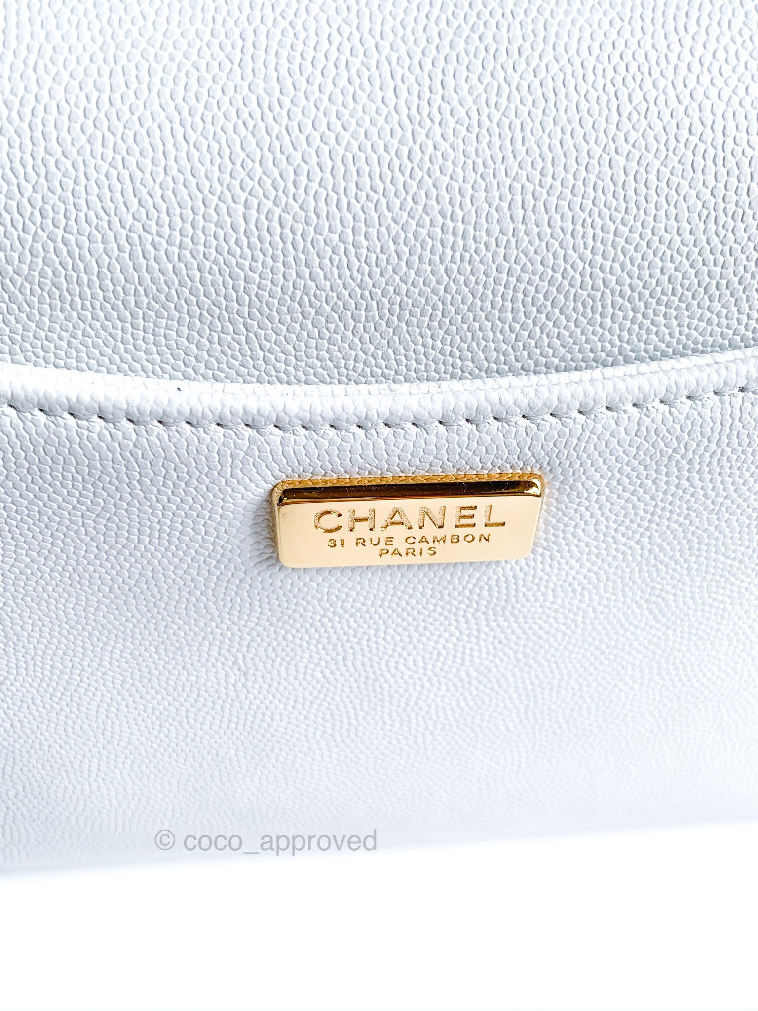 Chanel White Flap Bag Golden Strip Grained Calfskin Gold Hardware – Coco  Approved Studio