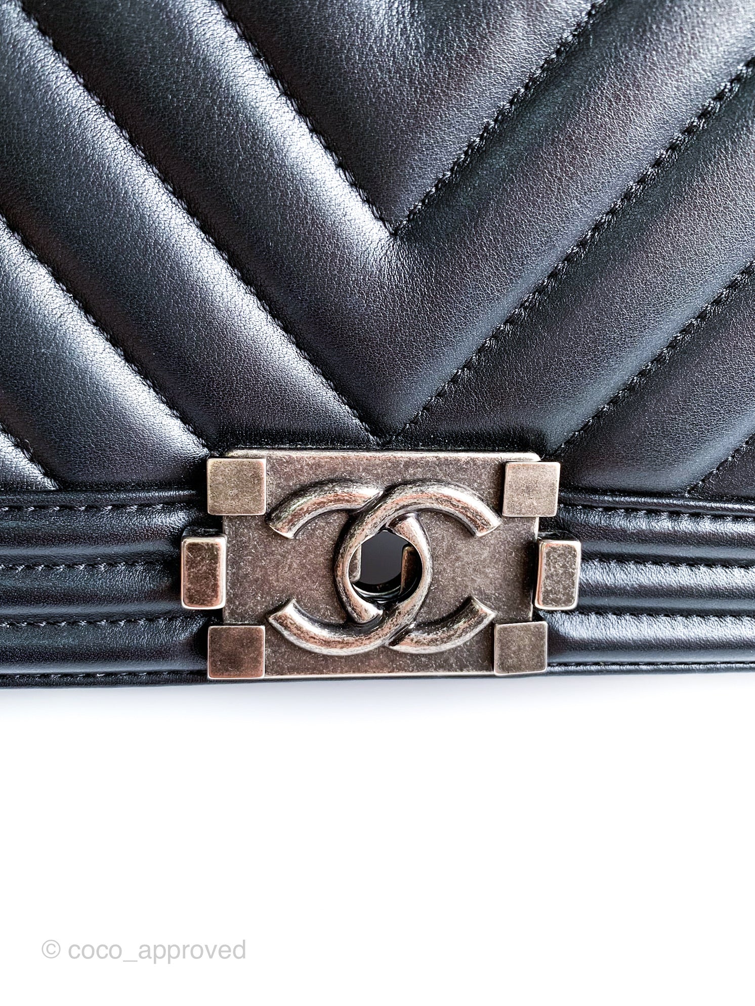 Chanel Small Calfskin Chevron Le Boy Bag Ruthenium Black - NOBLEMARS
