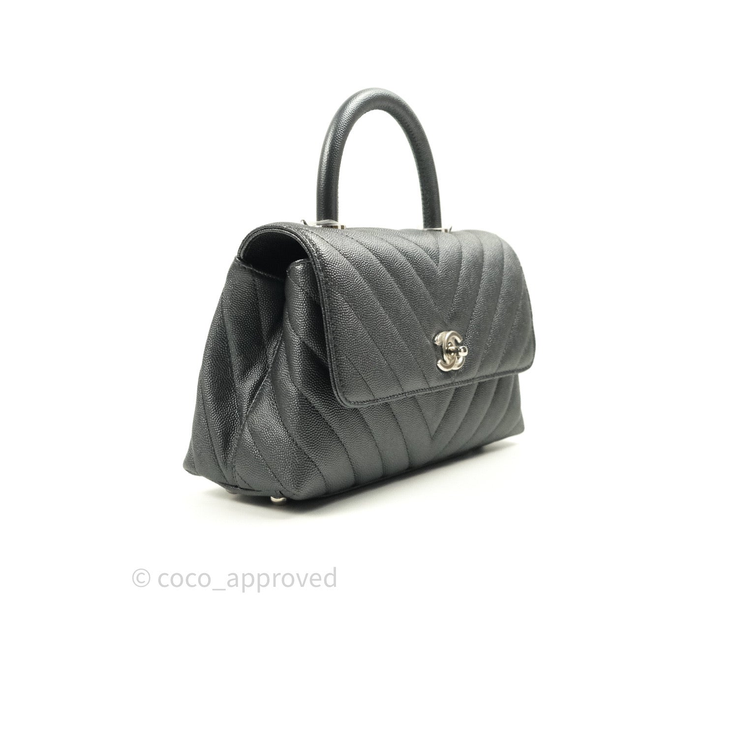 Chanel Coco Handle Chevron Mini Dark Grey Caviar Quilted Dark Silver H –  Coco Approved Studio