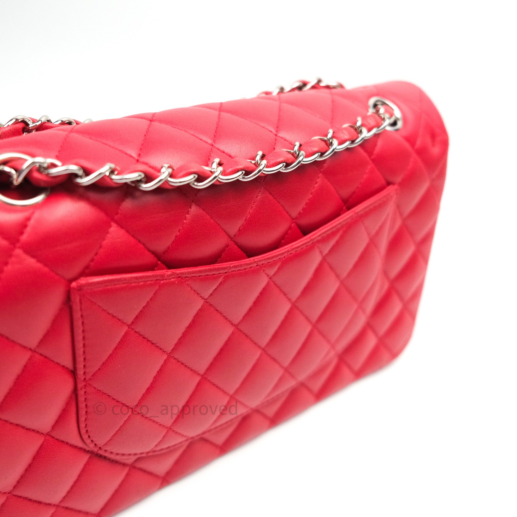 Chanel Classic M/L Medium Double Flap Bag Red Lambskin Silver