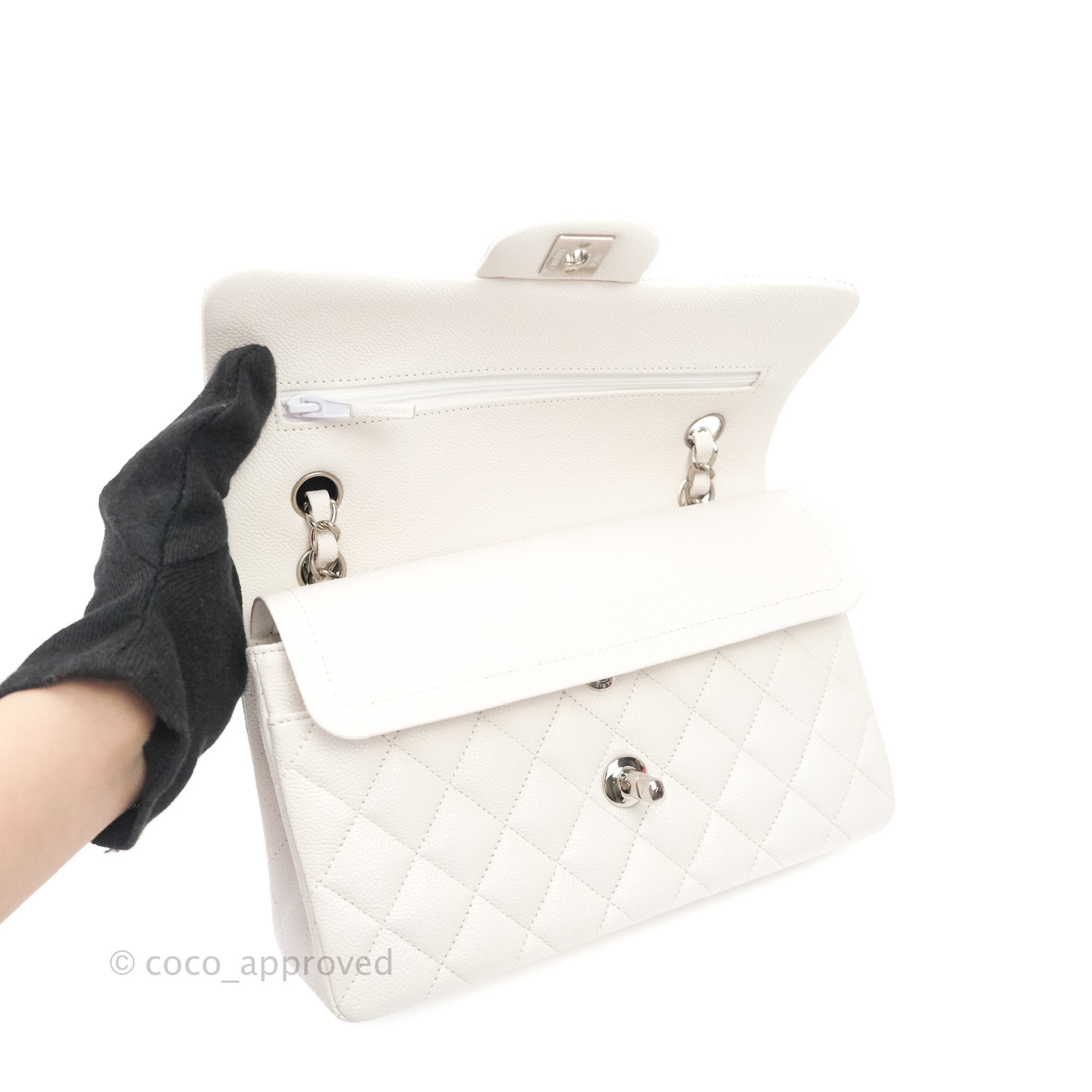 Chanel Classic Small S/M Flap White Caviar Silver Hardware – Coco Approved  Studio