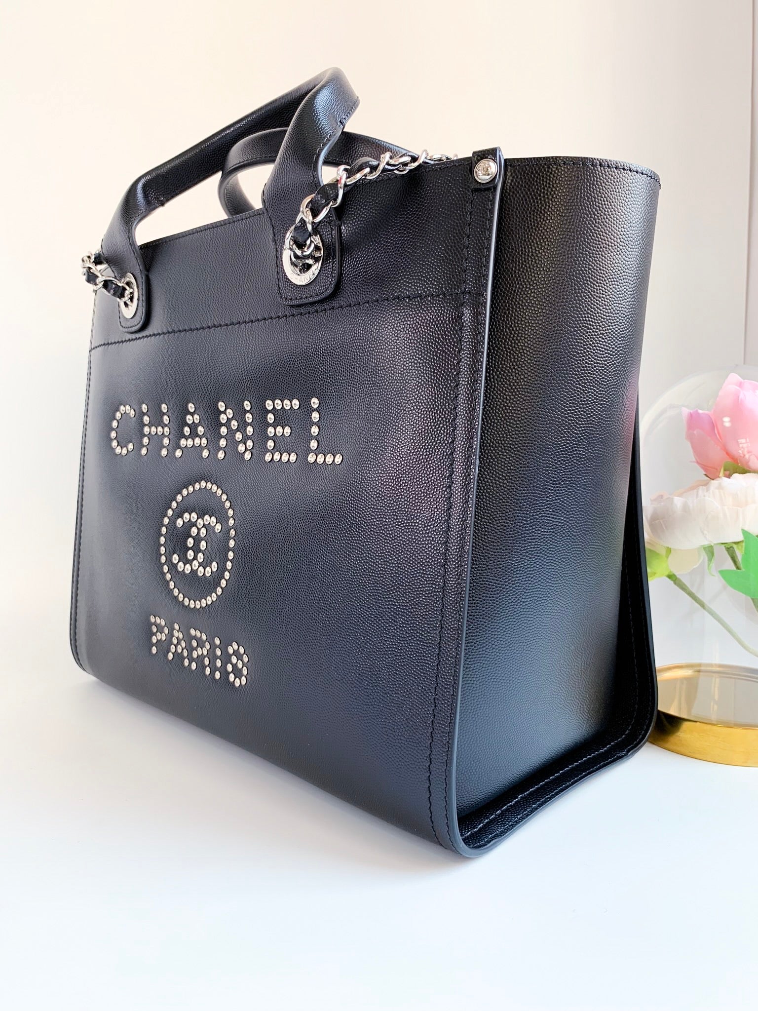 Chanel Small Studded Deauville Tote Black Caviar Silver Hardware