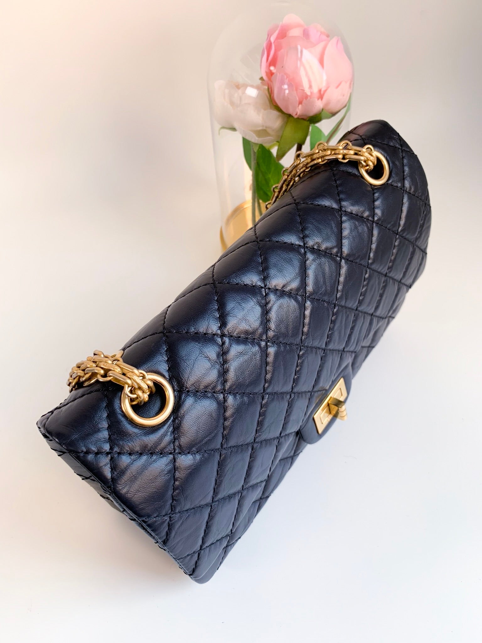 Chanel Aged Calfskin Quilted 2.55 Reissue 225 Flap Navy Gold Hardware –  Coco Approved Studio