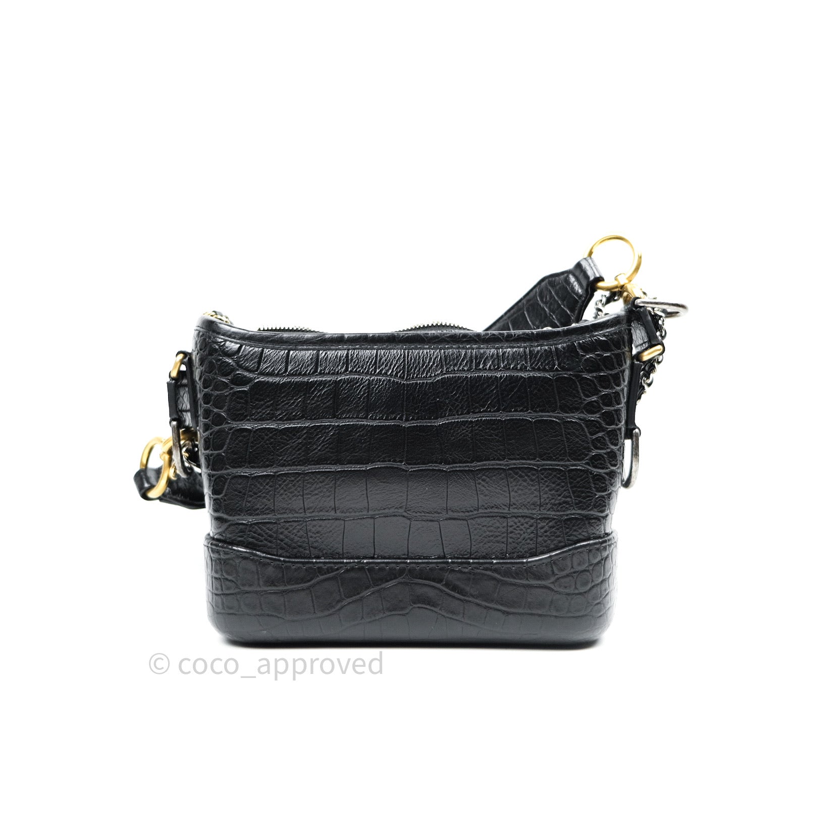 Chanel Small Gabrielle Hobo Bag With Handle Croc-Embossed Calfskin Bla