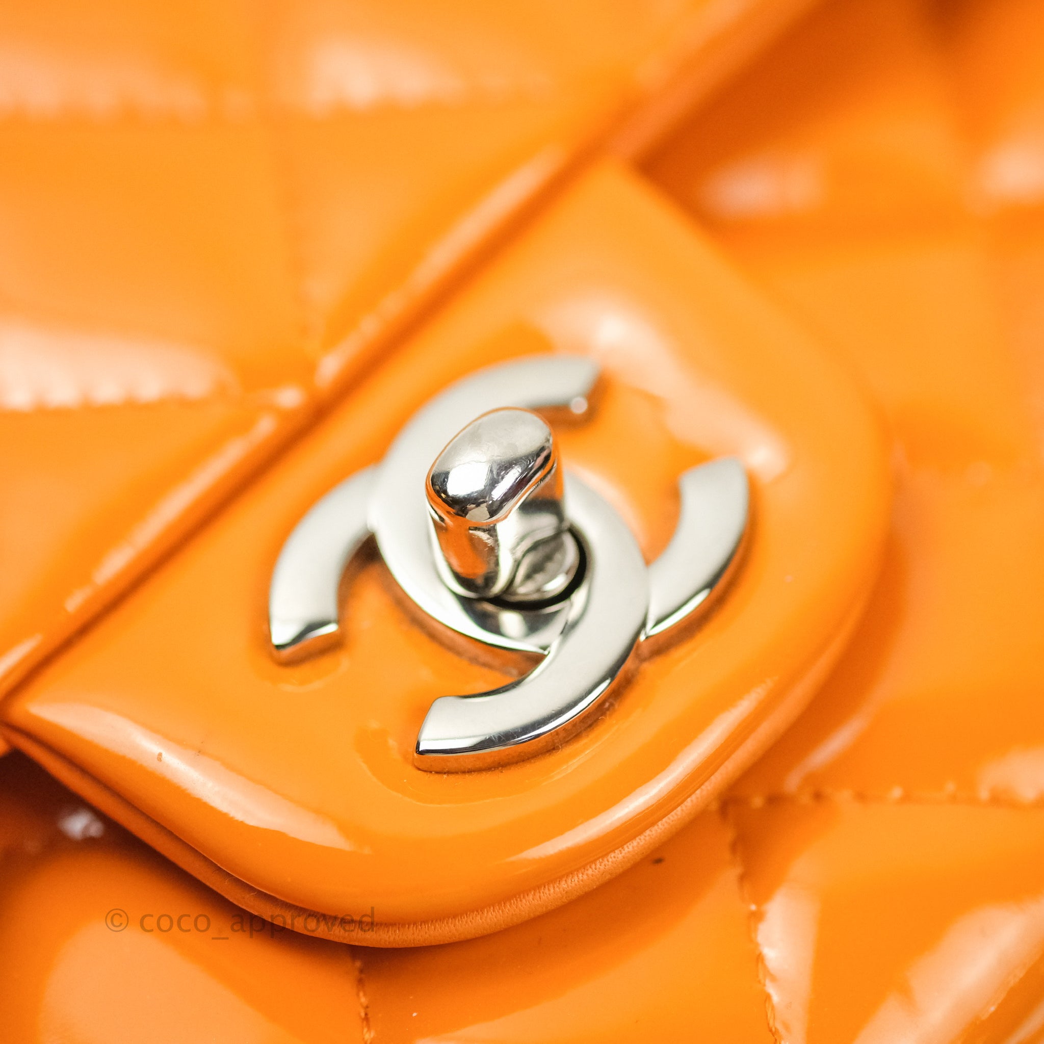 Chanel Classic M/L Medium Double Flap Orange Patent Silver