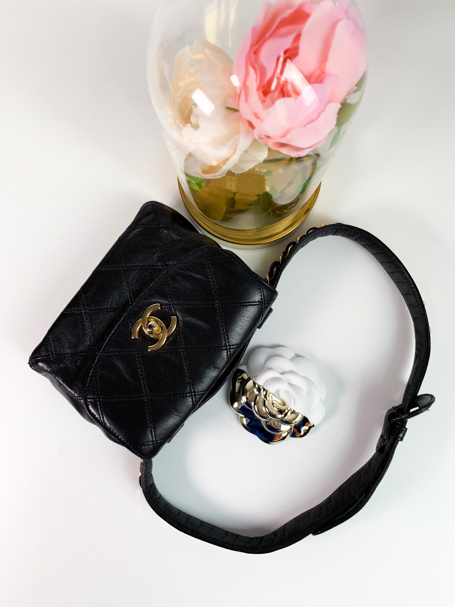 Chanel Vintage Cosmo Line Chain Waist Bag Black Lambskin Gold Hardware –  Coco Approved Studio