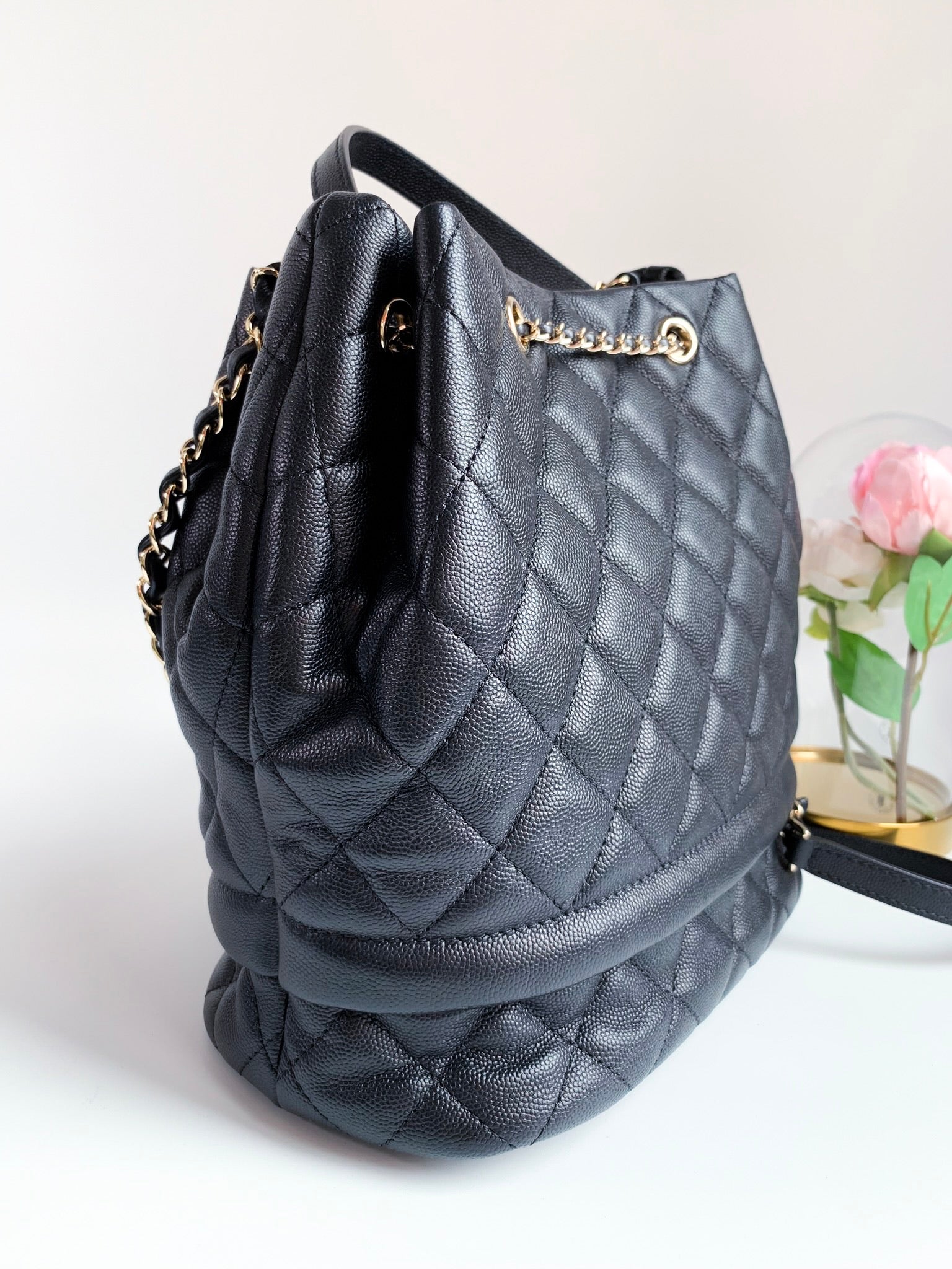 Navy Quilted Caviar Rolled Up Drawstring Bucket Bag Gold Hardware, 2019