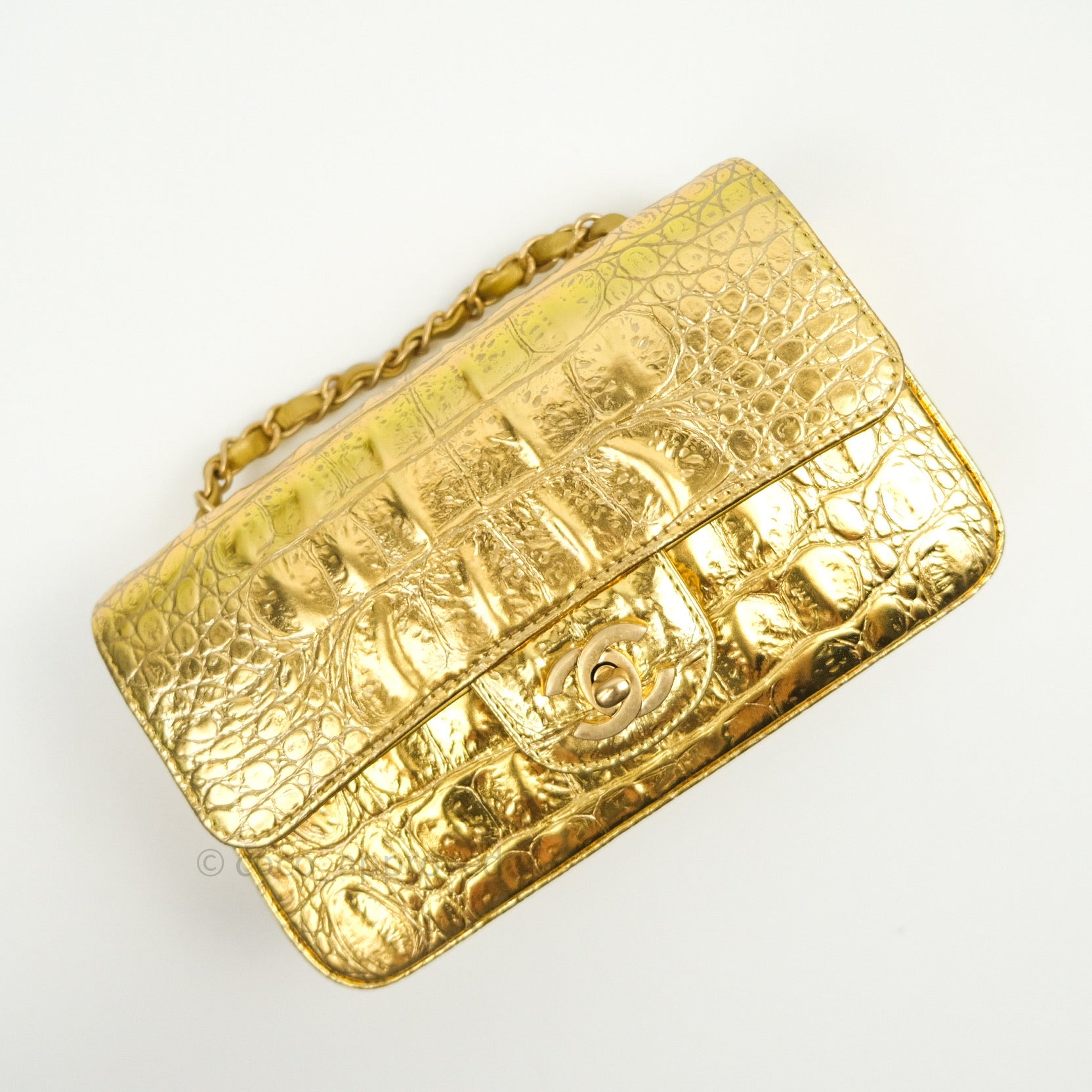 Chanel Gold Metallic Calfskin Crocodile Embossed Rectangular Mini