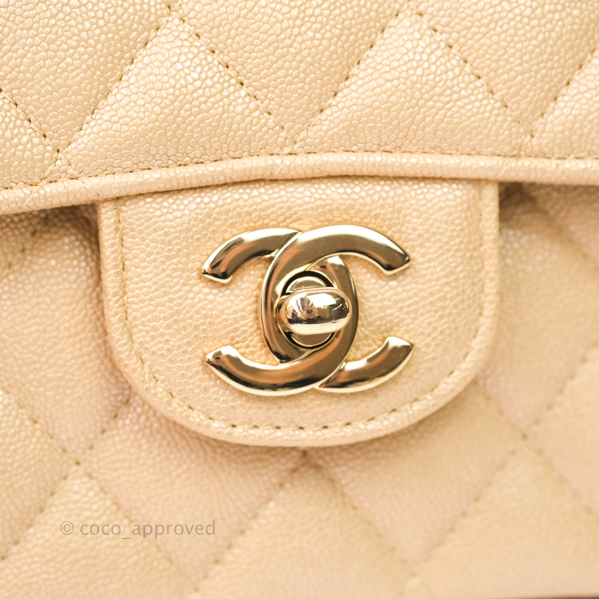 Chanel Classic M/L Medium Double Flap Iridescent Beige Caviar Gold Har –  Coco Approved Studio