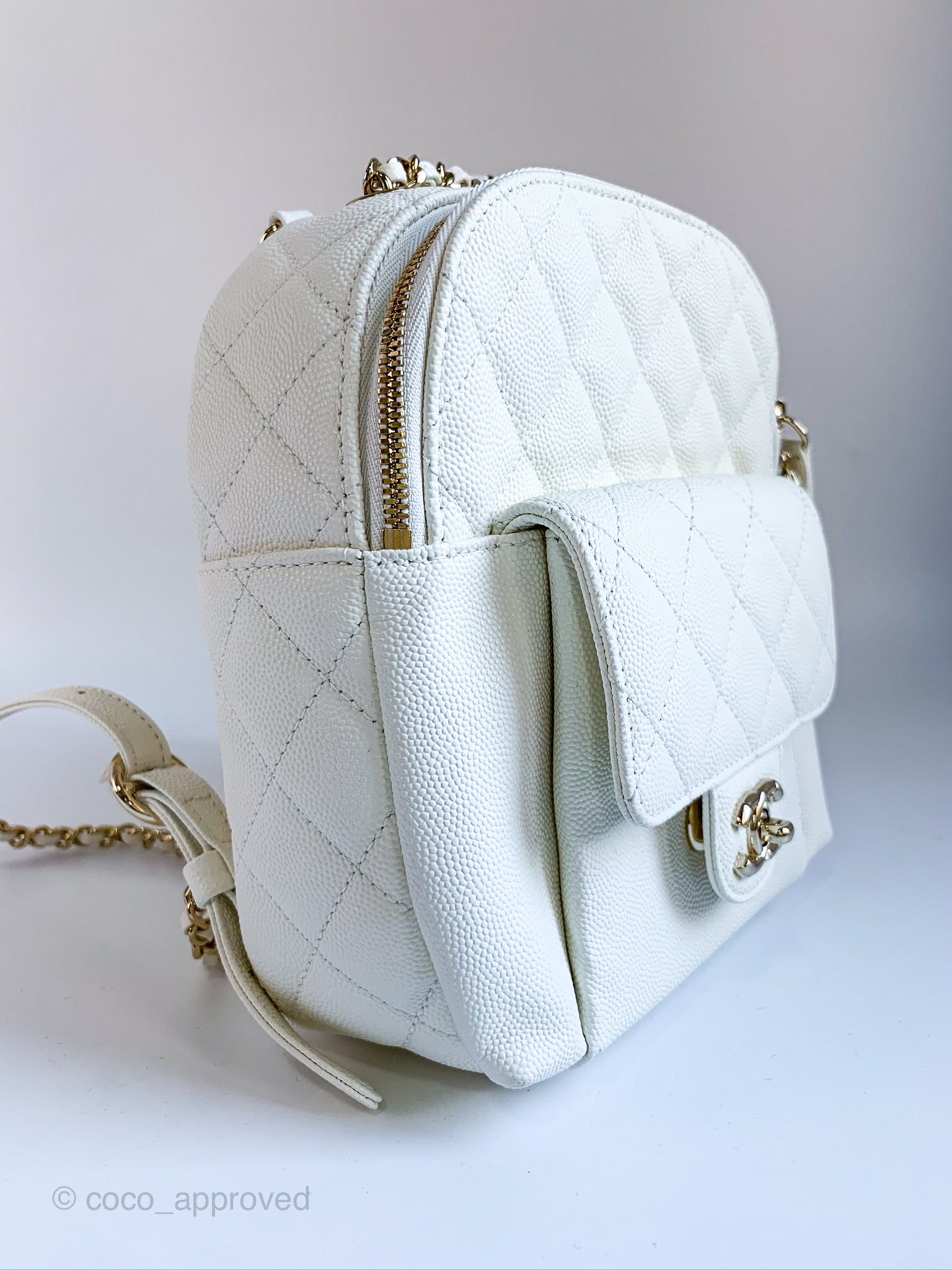 Chanel Caviar Quilted Small CC Day Backpack Ivory Light Gold Hardware   Coco Approved Studio