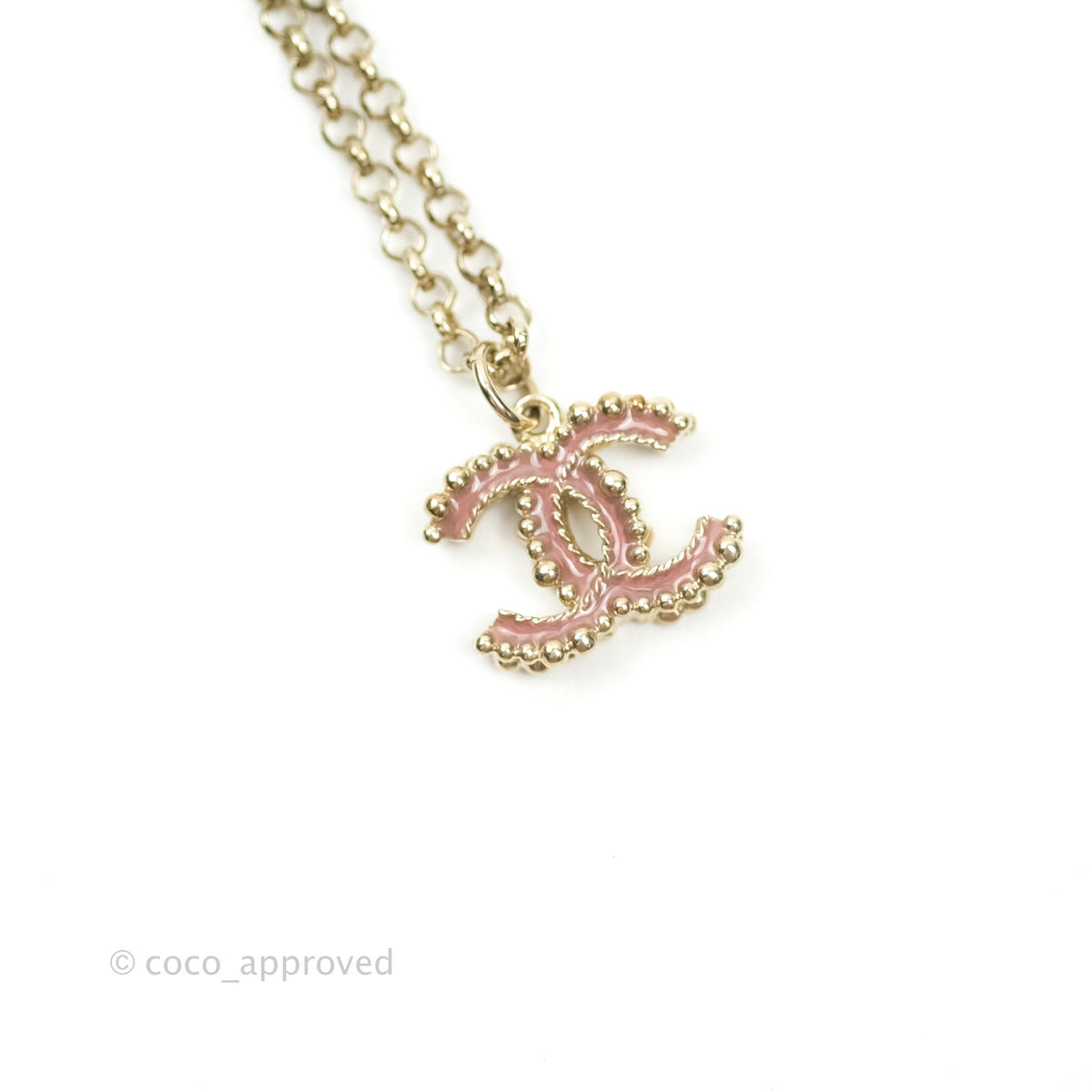 Chanel Enamel CC Necklace Pink Pendant Gold Tone 17A