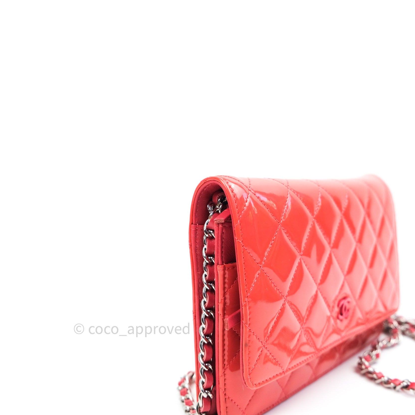 Chanel Quilted Wallet on Chain WOC Coral Pink Patent Leather