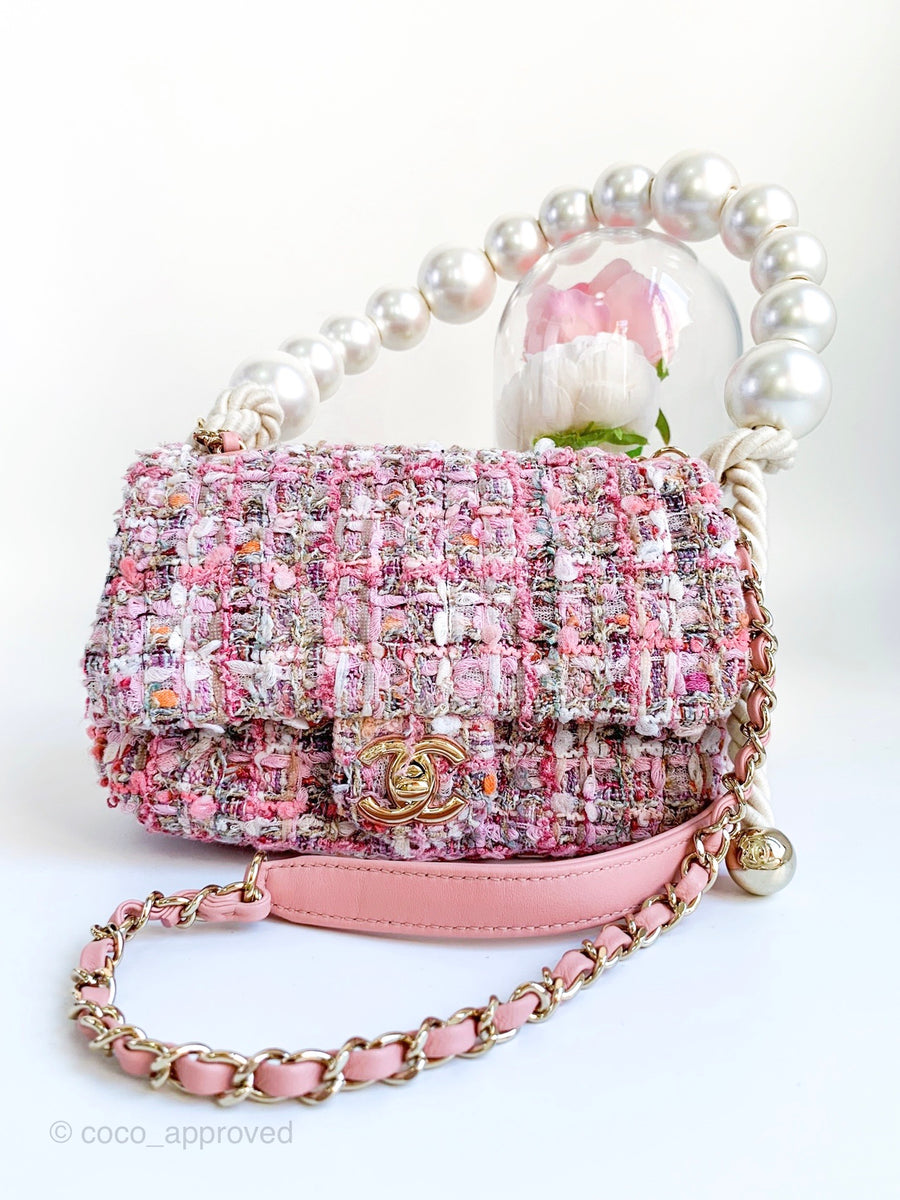 CHANEL Mini Pearl Handle Flap Bag in Pink Tweed