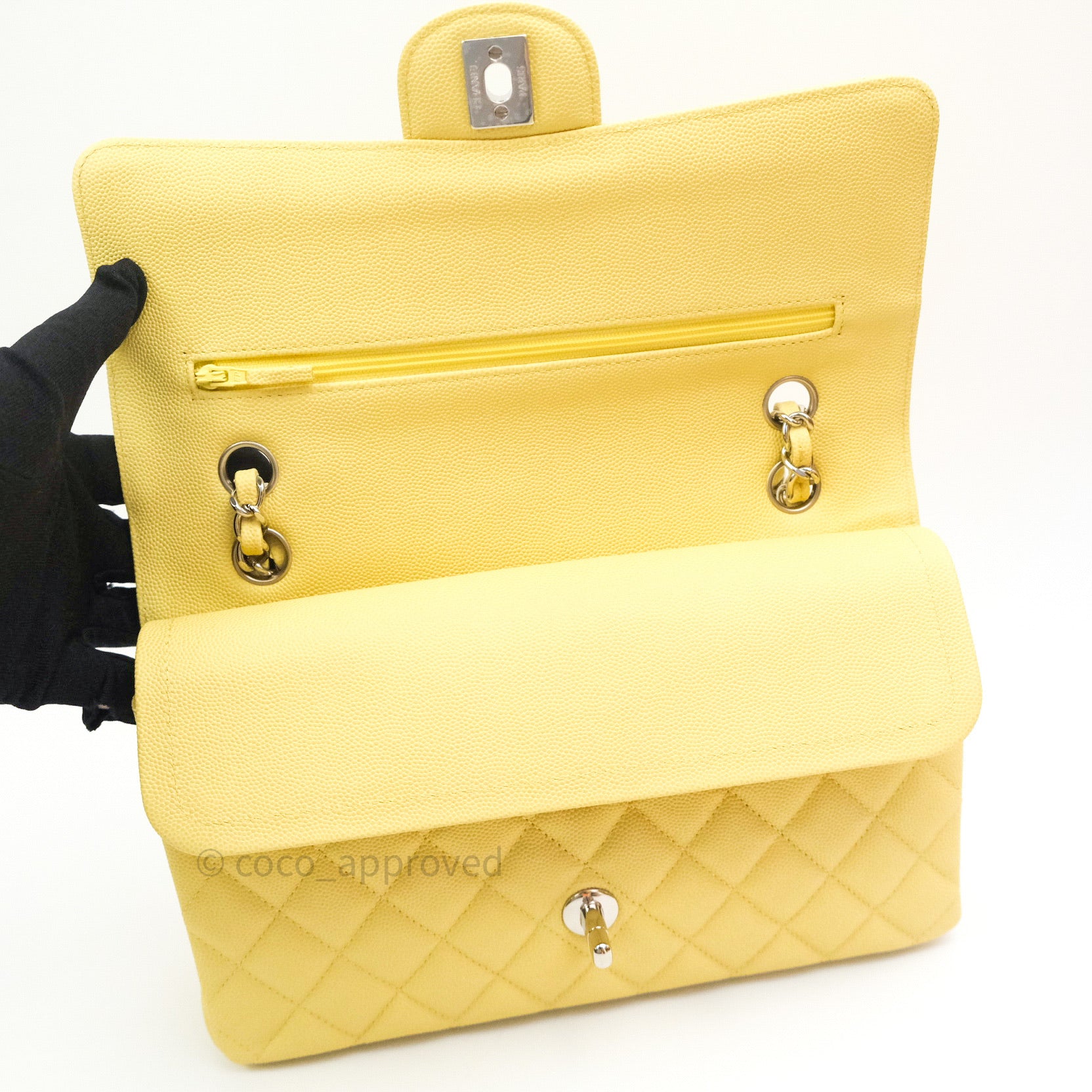 CHANEL Small Classic Double Flap Bag Light Yellow Caviar - Bellisa