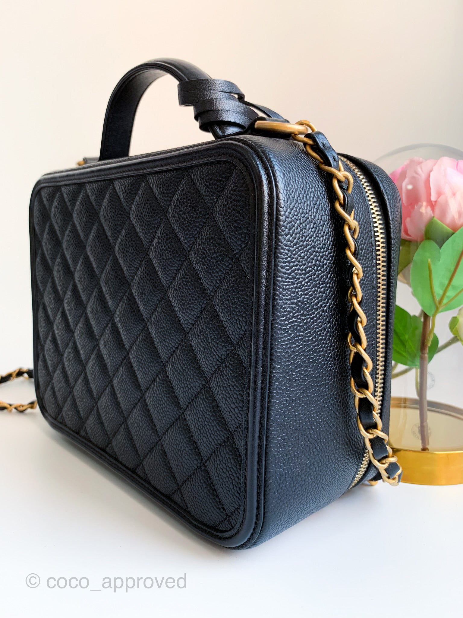 Chanel Quilted Large CC Filigree Vanity Case Black Caviar – Coco