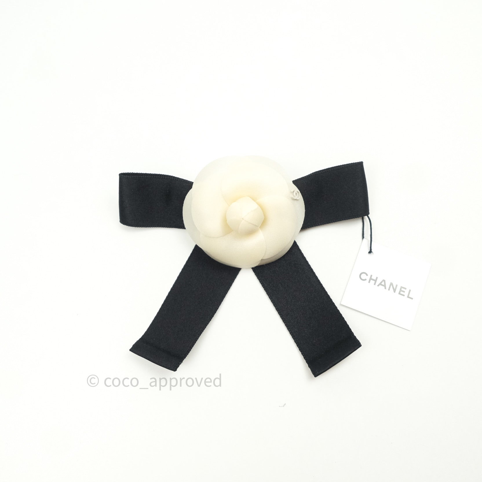 Chanel Satin Camellia CC Hair Clip Barrette White Black – Coco Approved  Studio