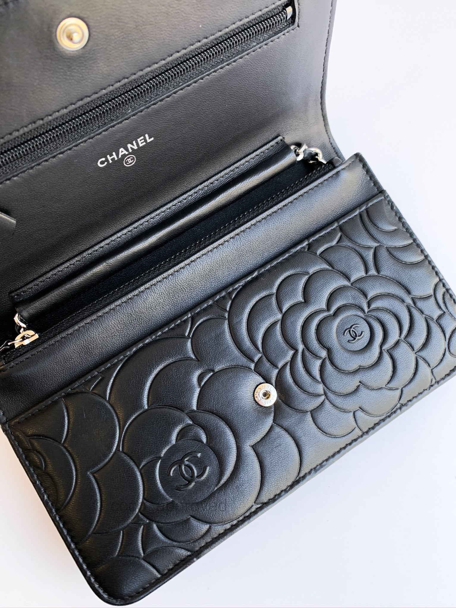 Chanel Blue Camellia Embossed Patent Leather WOC Clutch Bag - Yoogi's Closet