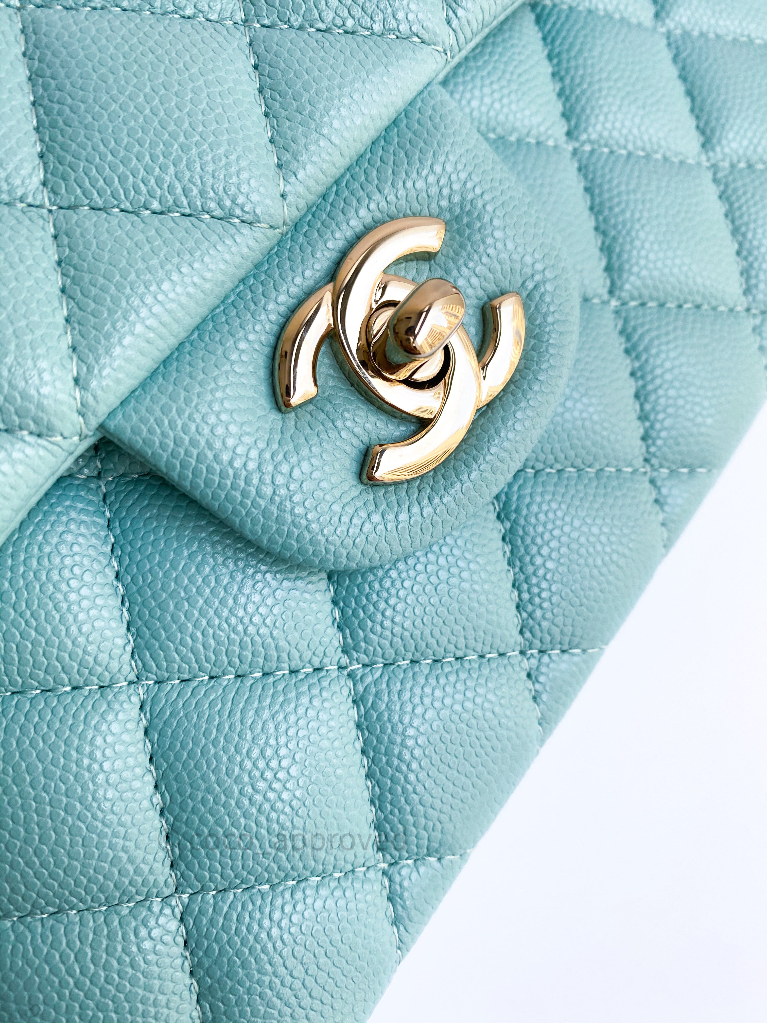 Chanel S/M Small Classic Flap Tiffany Blue Caviar Gold Hardware