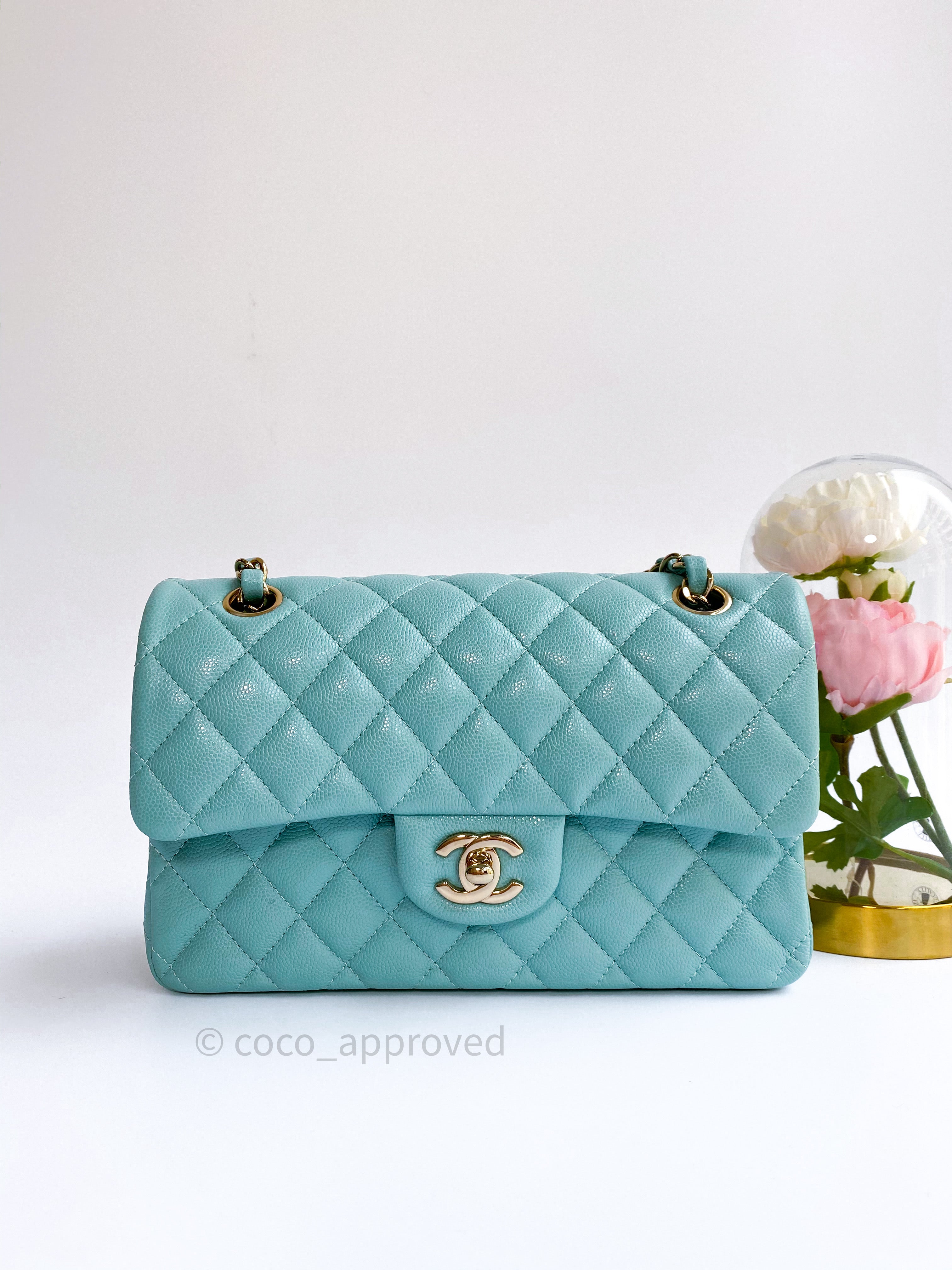 Chanel S/M Small Classic Flap Tiffany Blue Caviar Gold Hardware