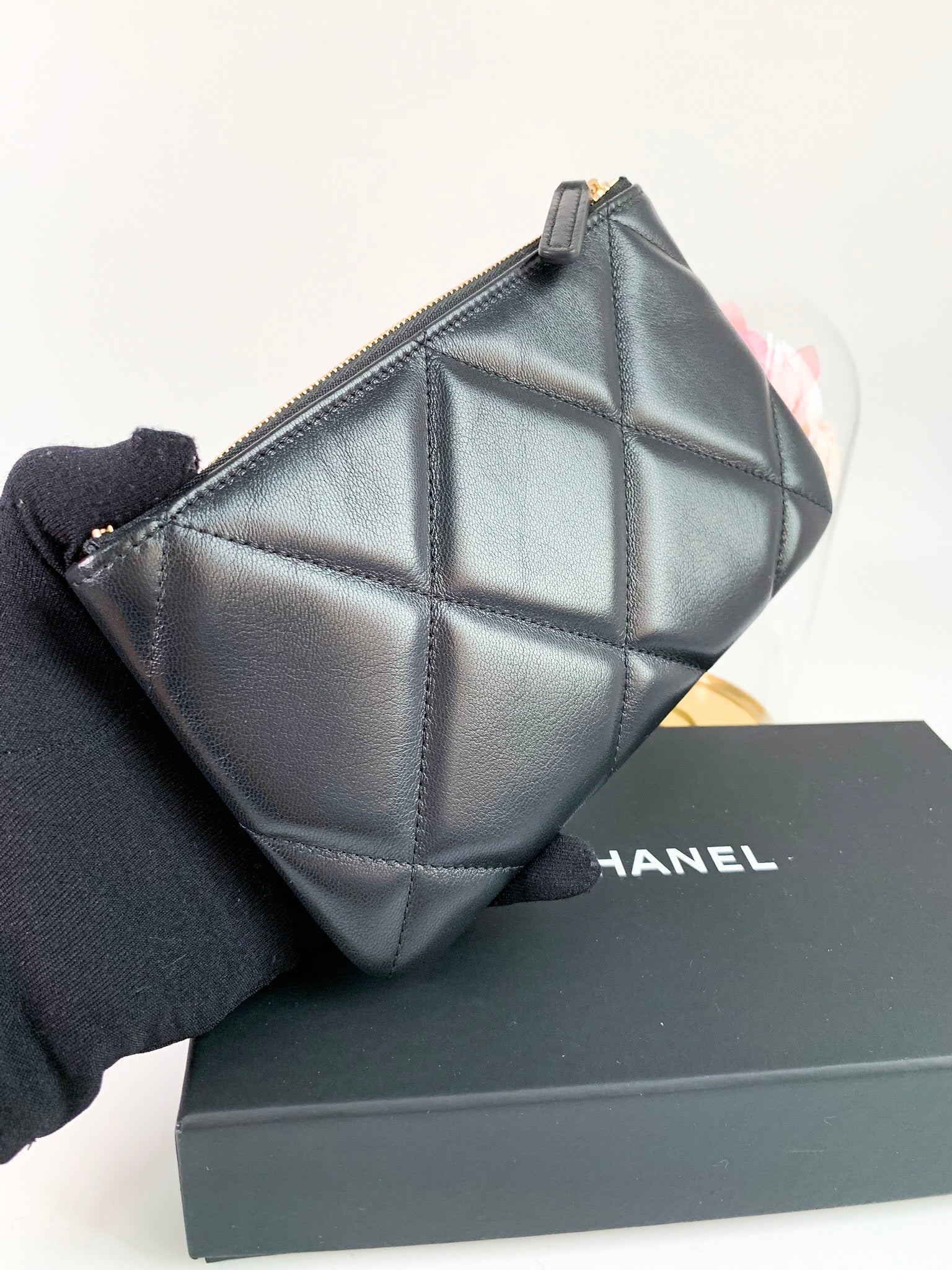 Chanel 19 Wristlet Pouch Black Lambskin Preowned in Box  Julia Rose  Boston  Shop