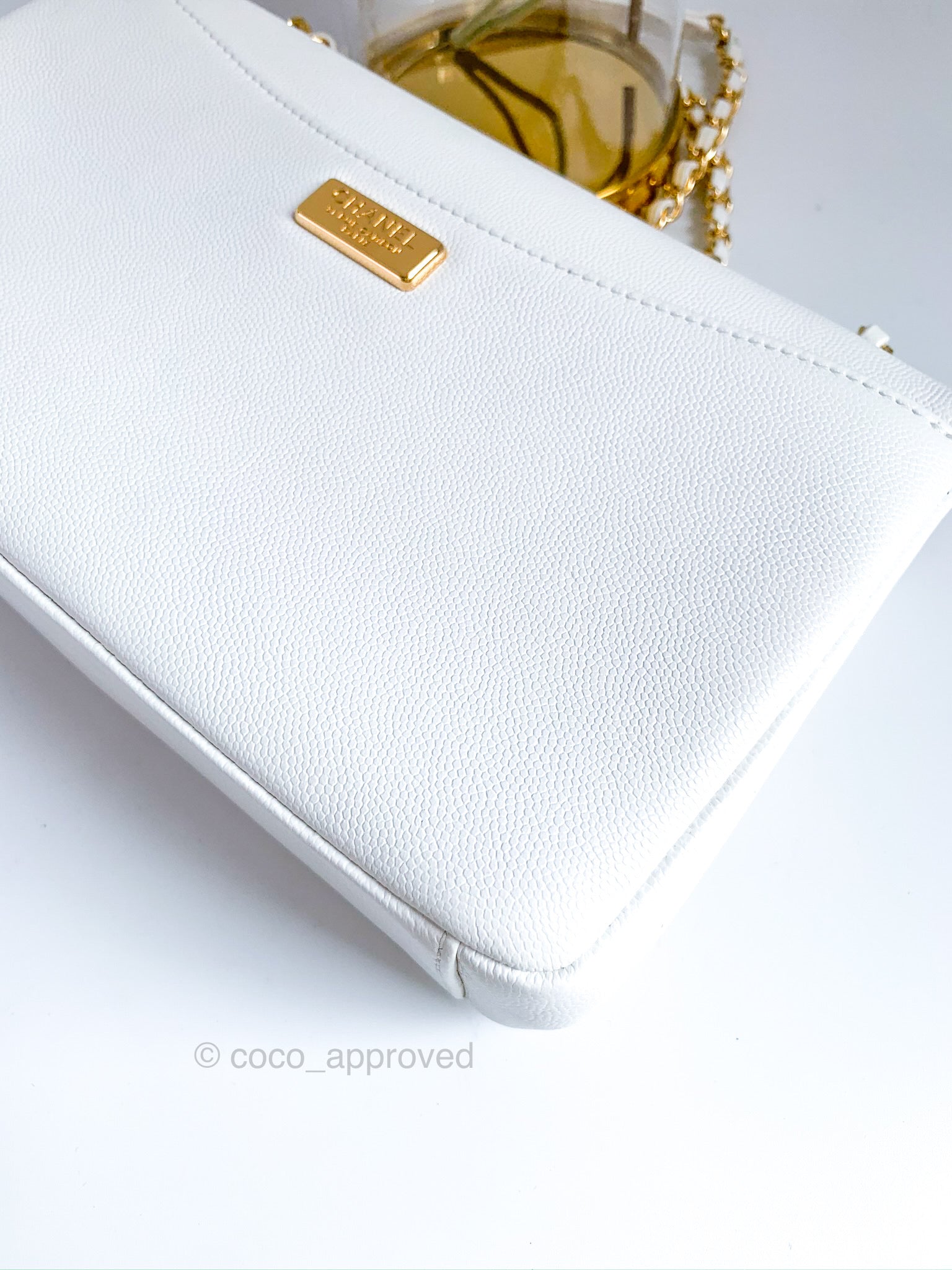 Chanel White Flap Bag Golden Strip Grained Calfskin Gold Hardware – Coco  Approved Studio