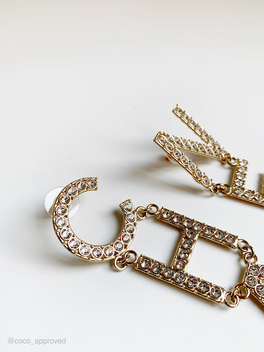 Chanel Crystal Cha-Nel Logo Drop Earrings Gold
