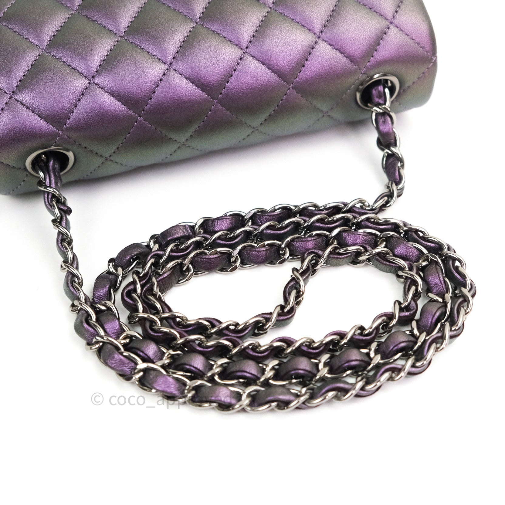 Chanel - Purple Iridescent Quilted Lambskin Rectangular Mini Classic Flap  Bag Light Gold Hardware