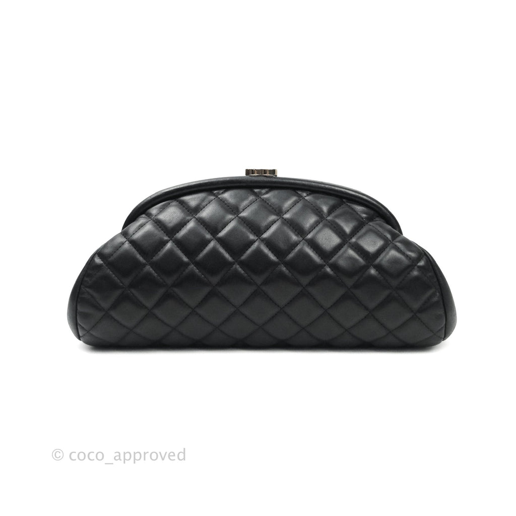 Chanel Quilted Timeless Kisslock Clutch Black Lambskin Silver Hardware