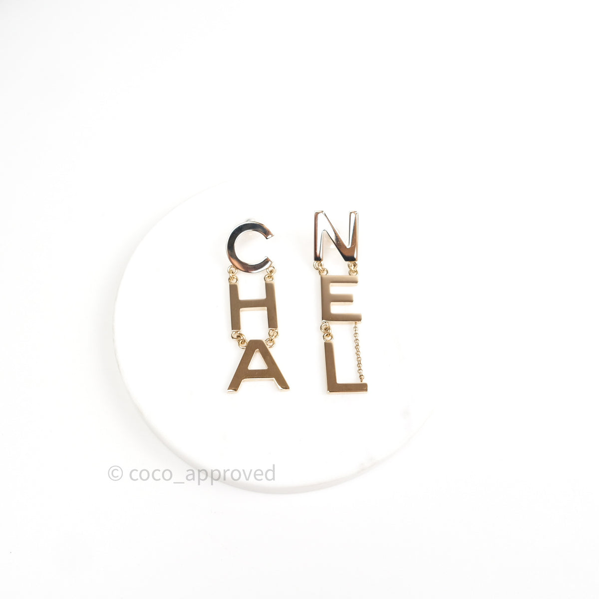 Chanel Letter Cha-Nel Logo Drop Earrings Gold