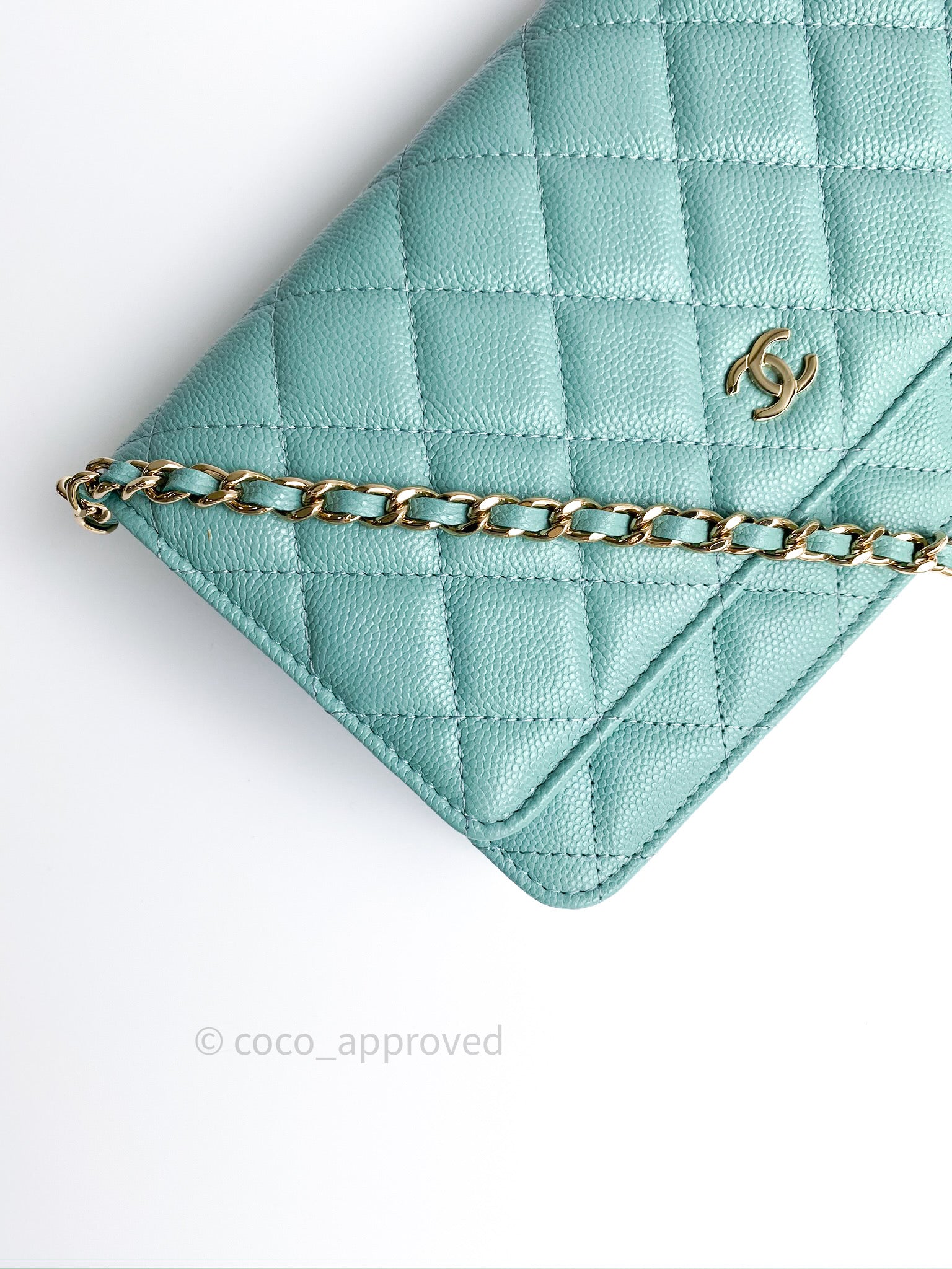 Chanel Quilted Wallet on Chain WOC Tiffany Blue Caviar Light Gold Hard –  Coco Approved Studio