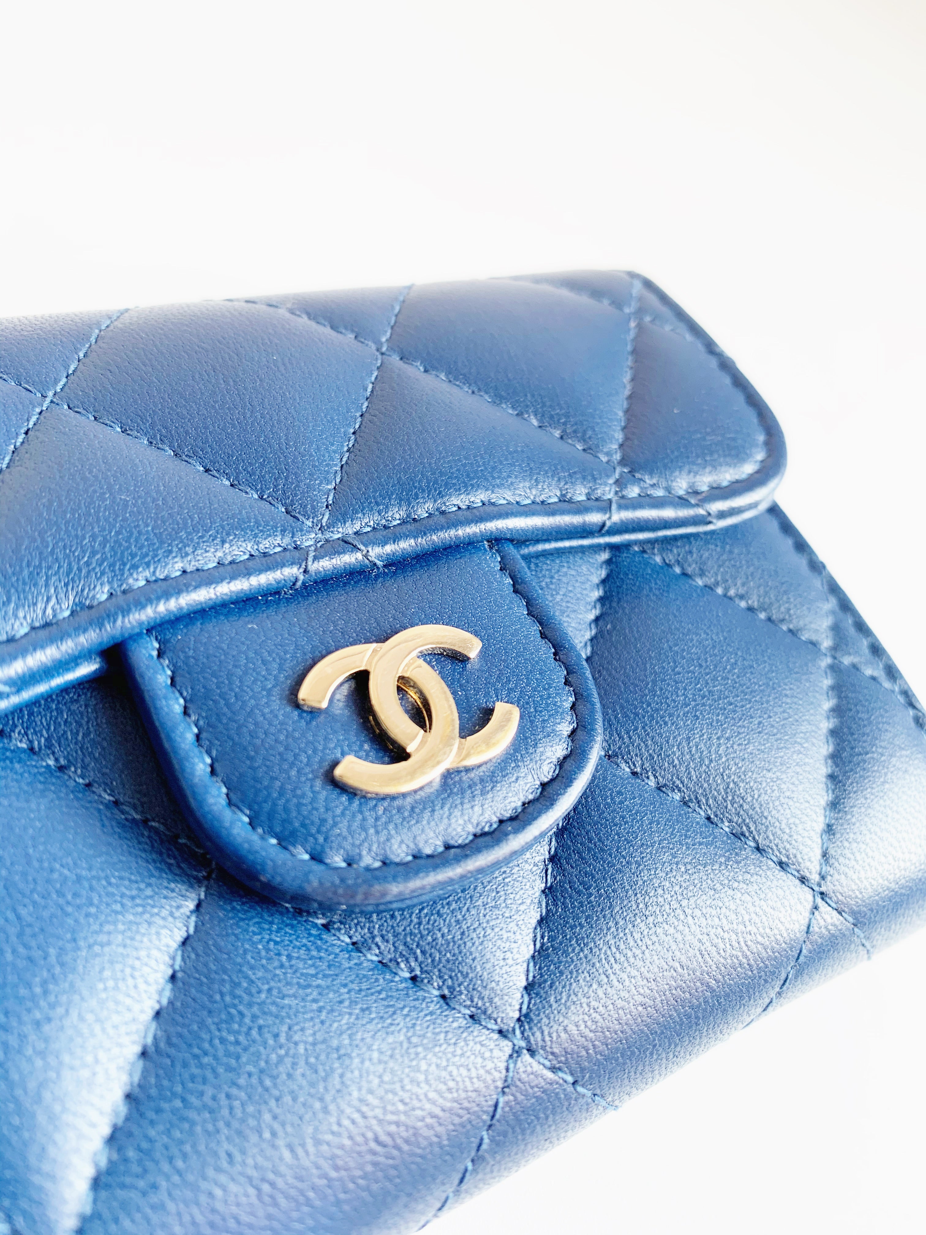 Chanel Quilted Flap Card Holder Wallet Blue Lambskin