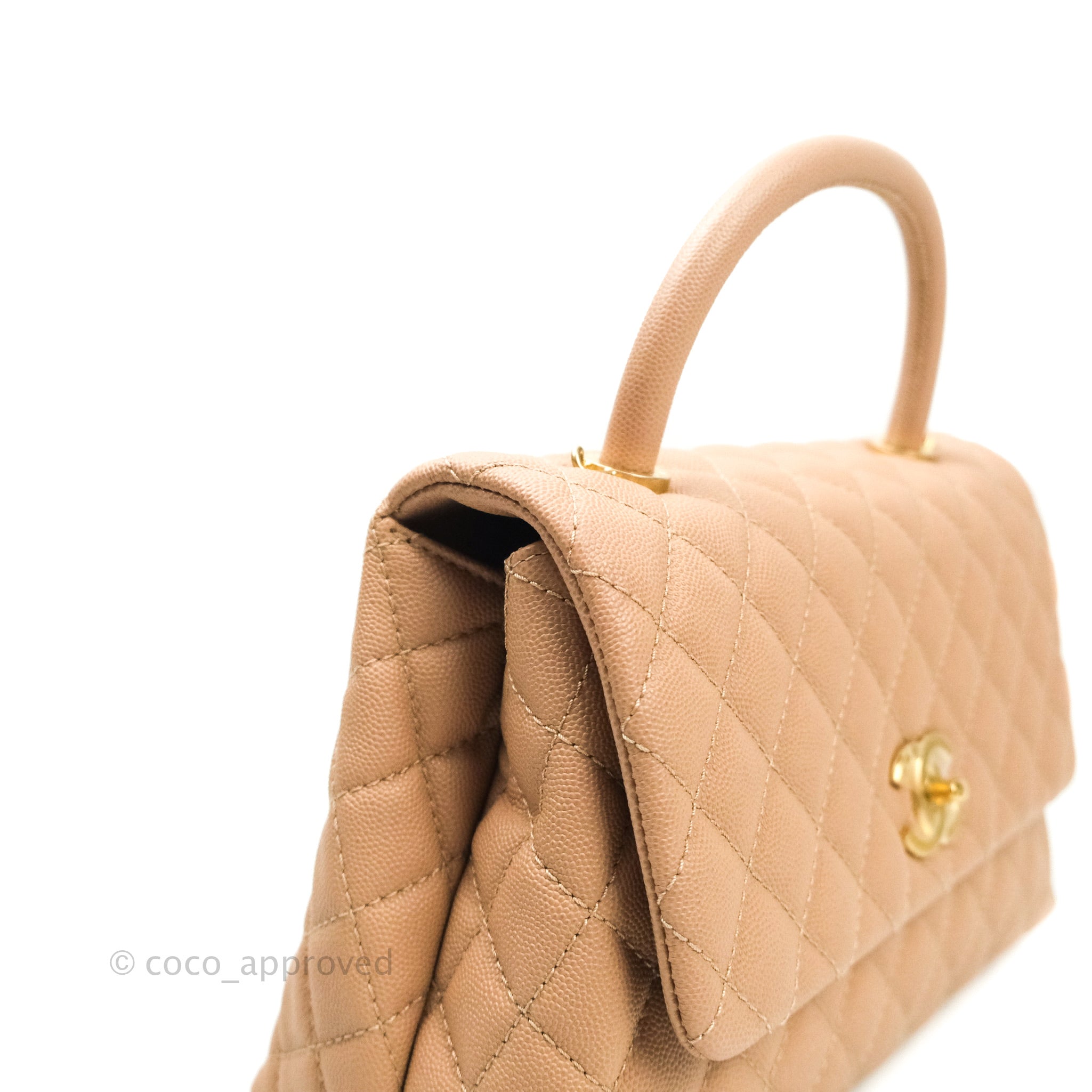 Chanel Small Coco Handle Quilted Beige Caviar Aged Gold Hardware