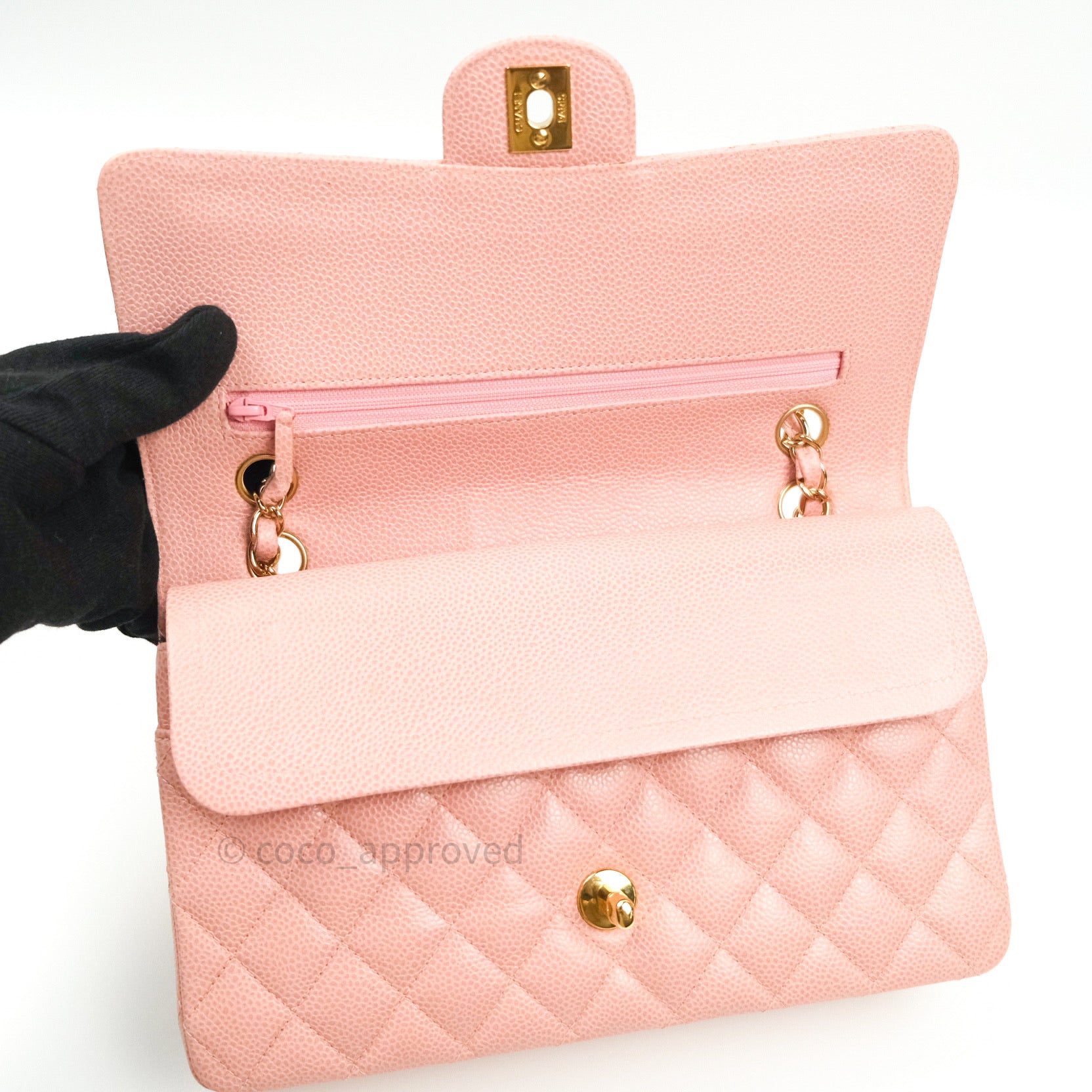 Chanel Classic M/L Medium Flap Quilted Light Pink Caviar Gold Hardware –  Coco Approved Studio