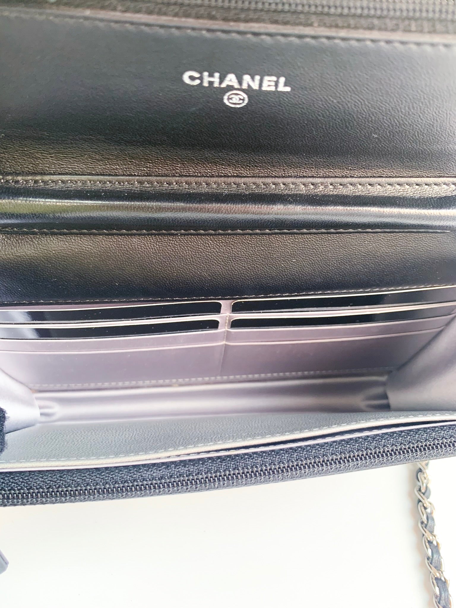 Chanel Lambskin Camellia Embossed Wallet on Chain Woc Black