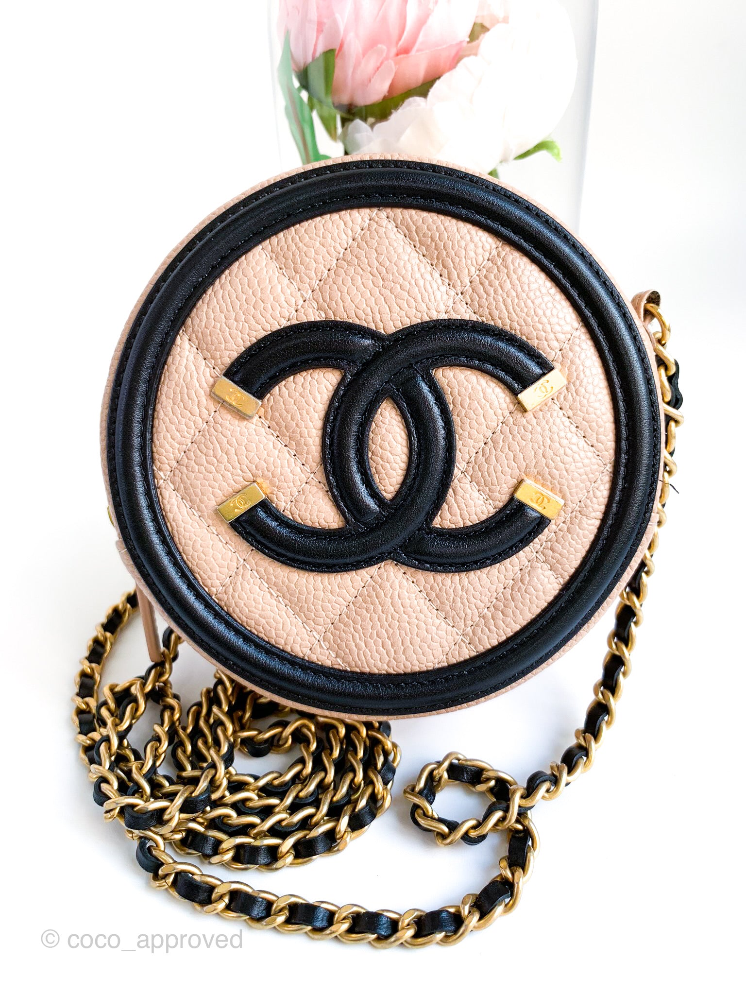 Chanel Quilted Round Filigree Crossbody Beige Black Caviar – Coco