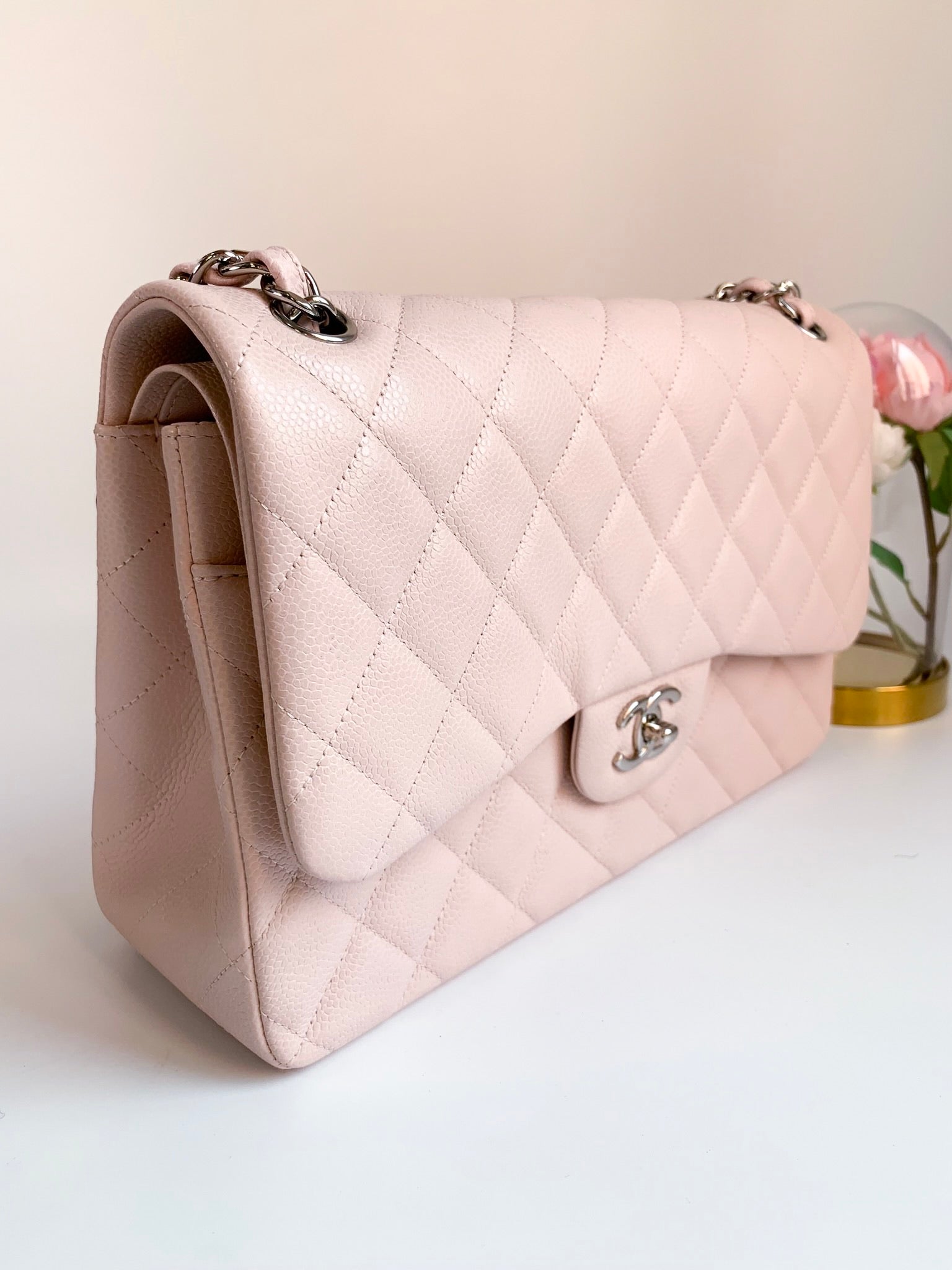 Chanel 14C Sakura Pink Caviar Double Flap Quilted Jumbo SHW – Coco Approved  Studio