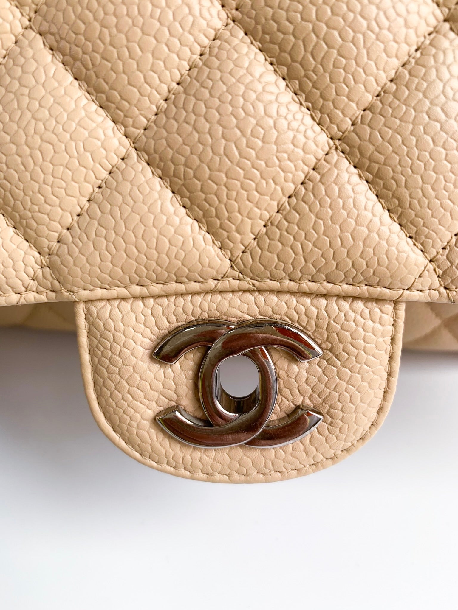 Chanel Classic M/L Double Flap Beige Claire Caviar Silver Hardware