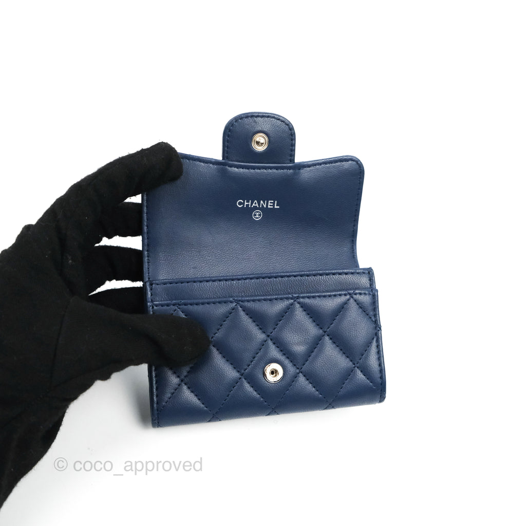 Chanel Quilted Flap Card Holder Navy Lambskin Silver Hardware