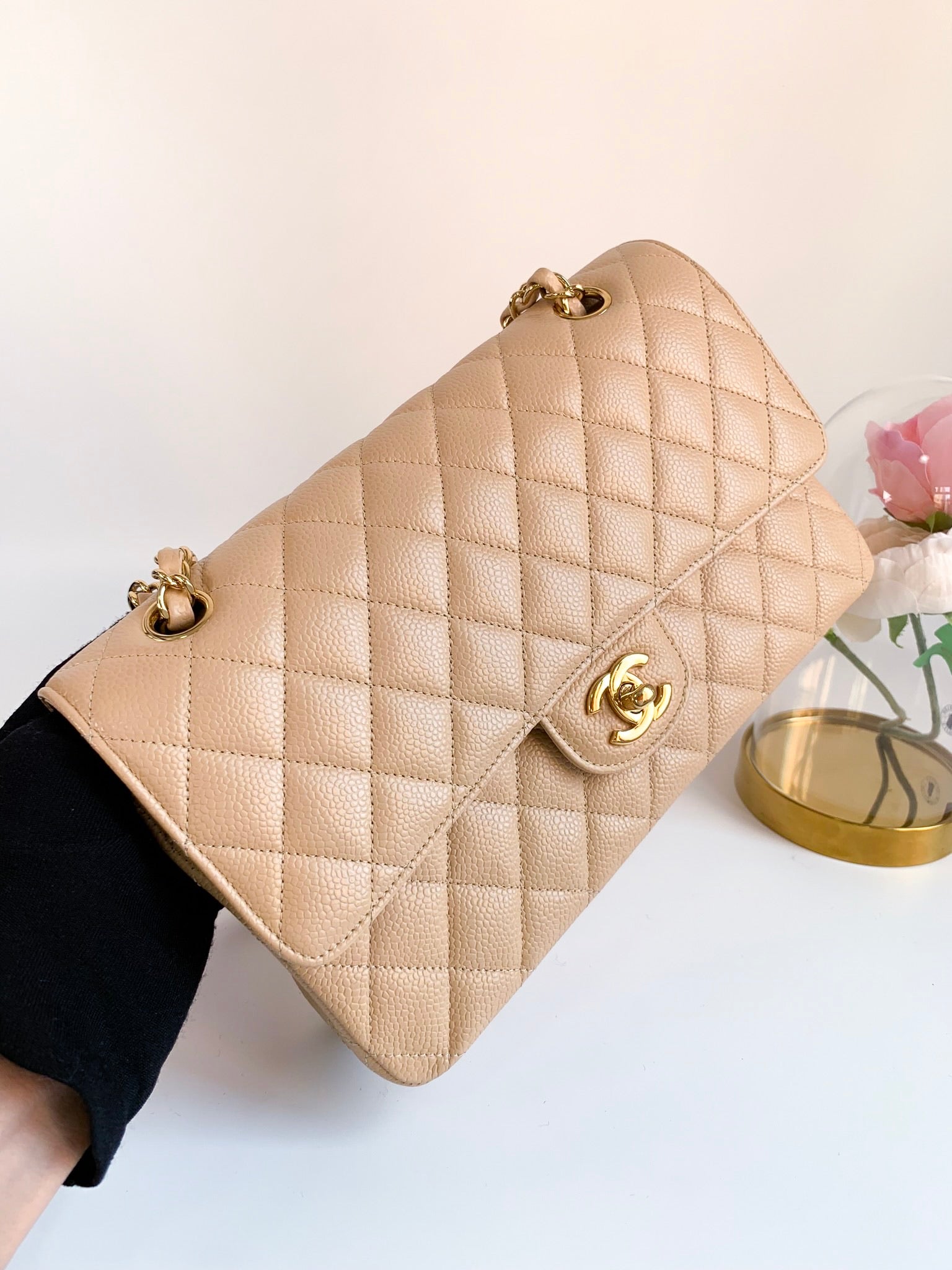 Caviar Quilted Medium Double Flap Beige