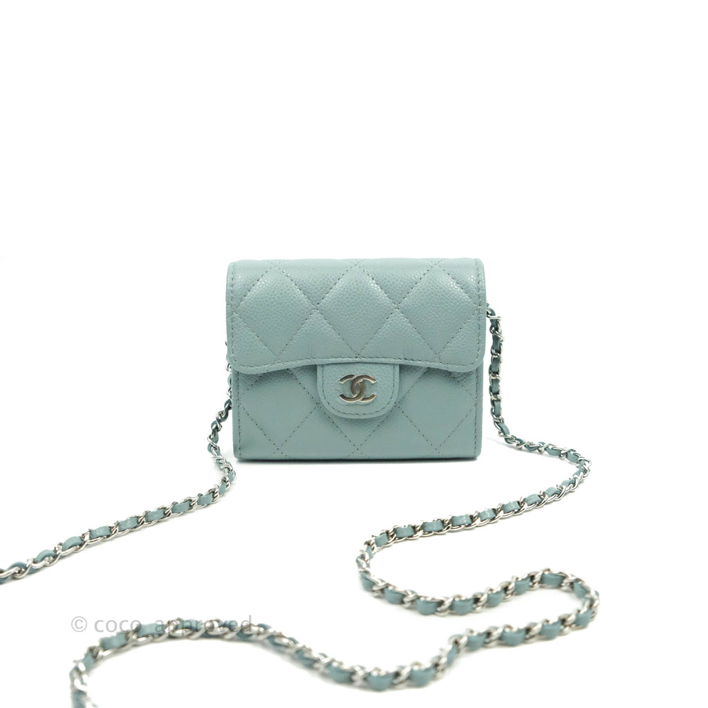 Chanel Mini Wallet With Chain Light Blue Caviar Silver Hardware 20B